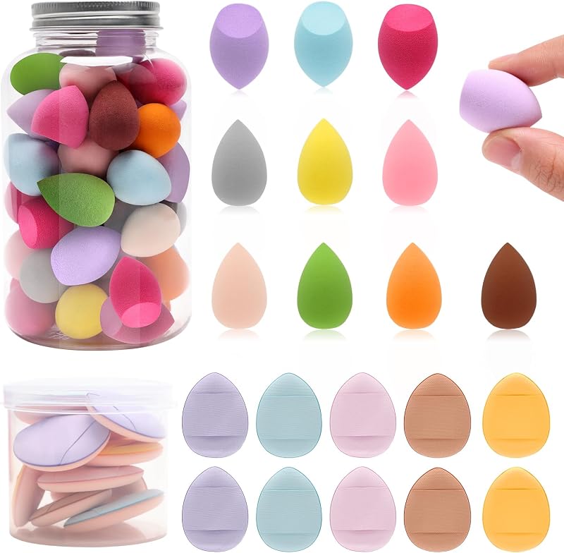 Mini esponja de maquillaje Set-40P Beauty Beauty Blender y 10P Finger Powder Puff | Esponjas de maquillaje para licuadora de belleza pequeñas, color aleatorio, herramientas de maquillaje Facial para corrector de base