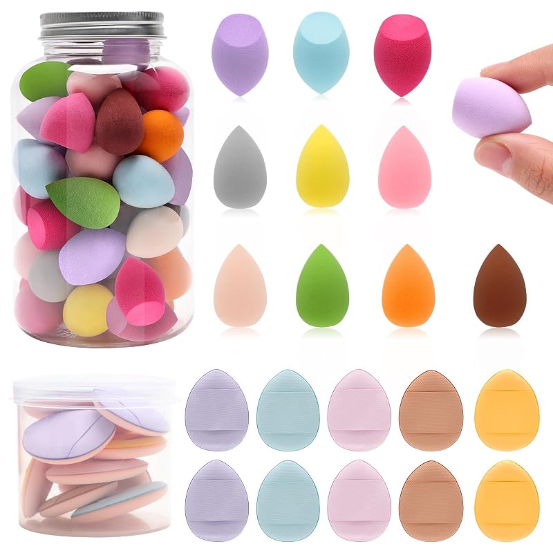 AHIER Kit com 40 esponjas mini para maquiagem e 10 aplicadores de pó para dedo, com 2 frascos