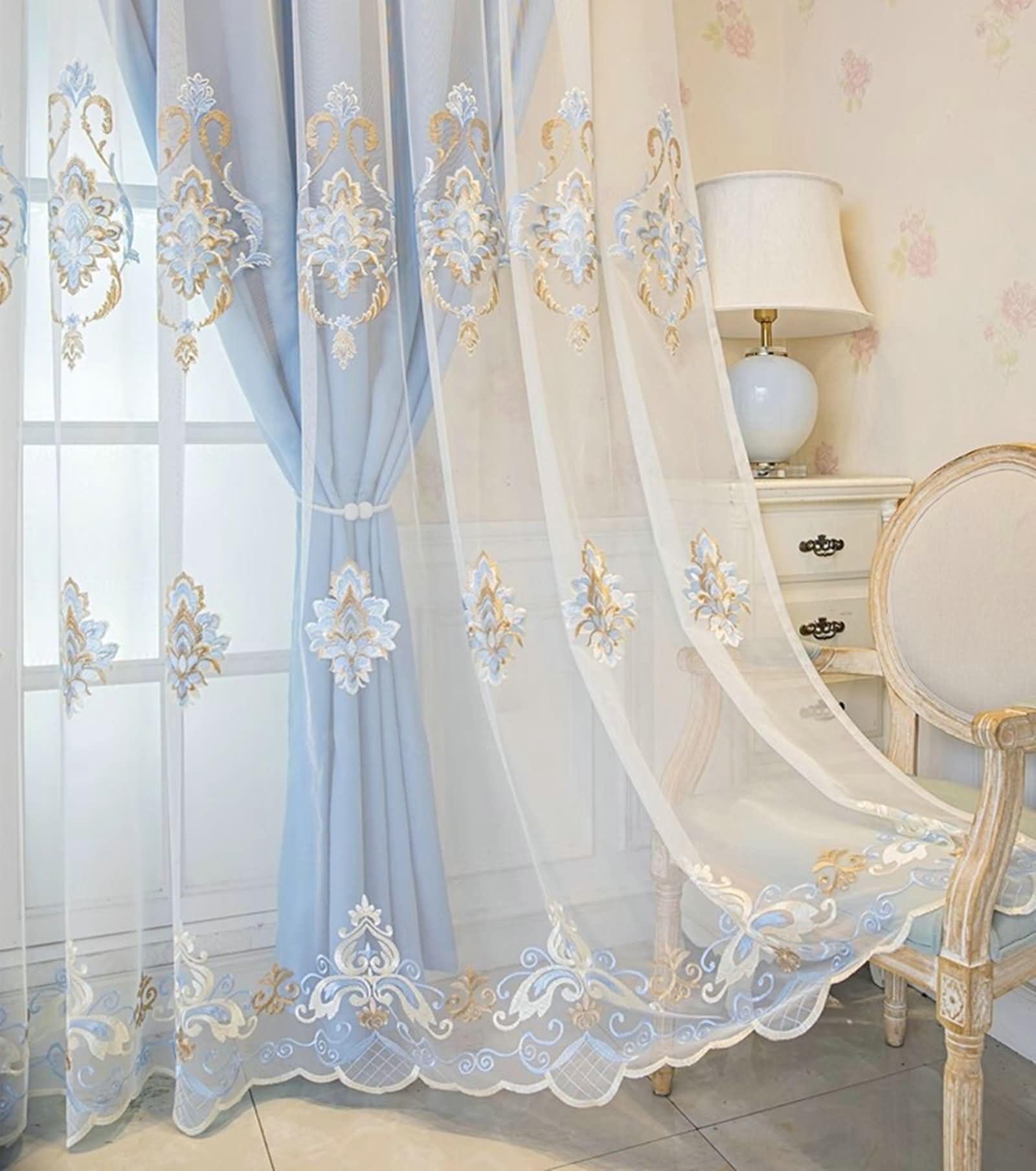 Tende Interno con Ganci, 2 x 102W x 183H CM,Tende Oscuranti Salotto 2 Pezzi Doppio Strato con Modello Pizzo Ricamo Tenda con da Interno Blu