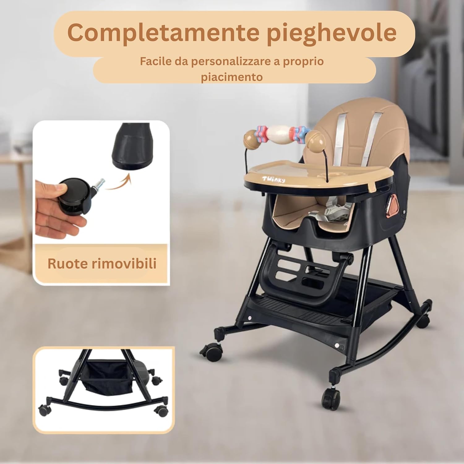 Image showing a hand removing a wheel from the high chair leg and the high chair folded for storage.