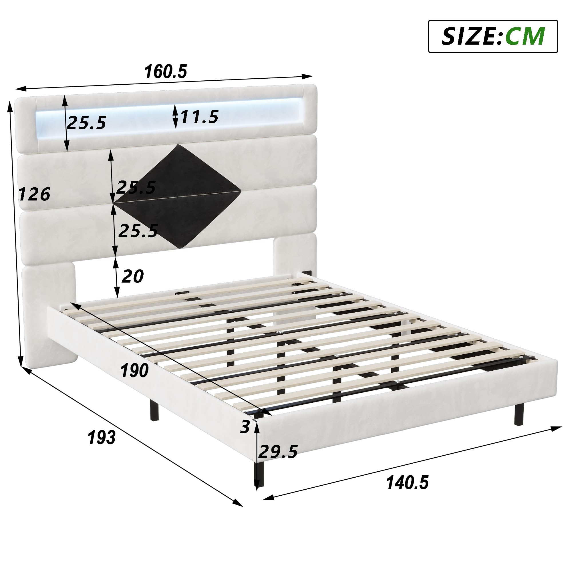 Letto matrimoniale 140 x 190, letto imbottito con illuminazione LED RGB e ricarica USB, telaio letto galleggiante con testiera modulare, con rete a doghe (beige+nero, 140 x 190 cm)