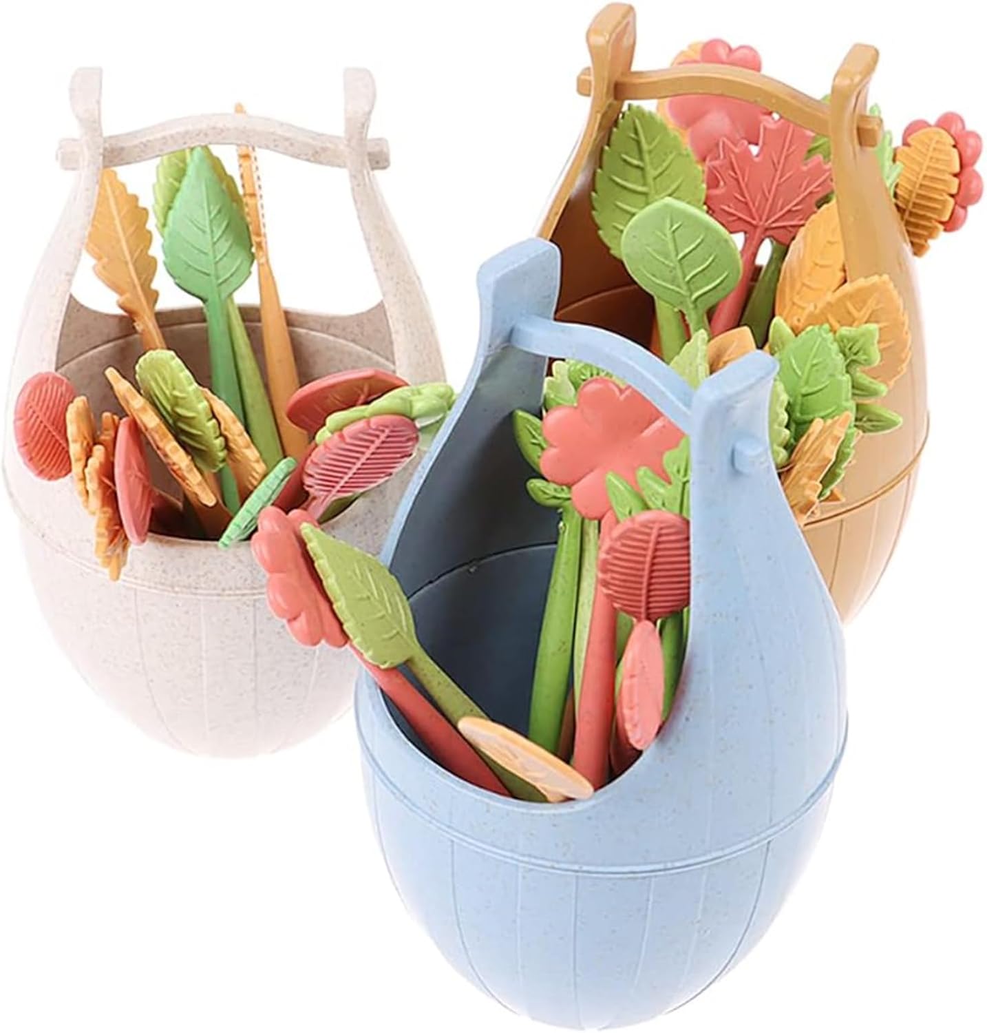 fruit forks，Dinner Forks,Stainless Steel Forks16pcs Wooden Barrel Leaf Shaped Fruit Fork Set Mini Snack Cake Dessert Pick Toothpick Home Party Decoration 4.7x2.3" (Color : Blue a)