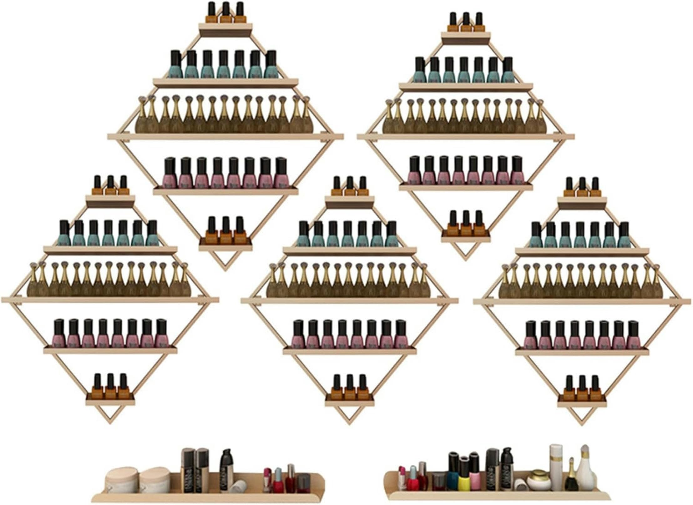 Étagères murales en métal pour Vernis à Ongles, présentoir Triangulaire en Forme de Losange, présentoir pour cosmétiques, Rouges à lèvres, parfums, huiles essentielles (7 pièces dorées)