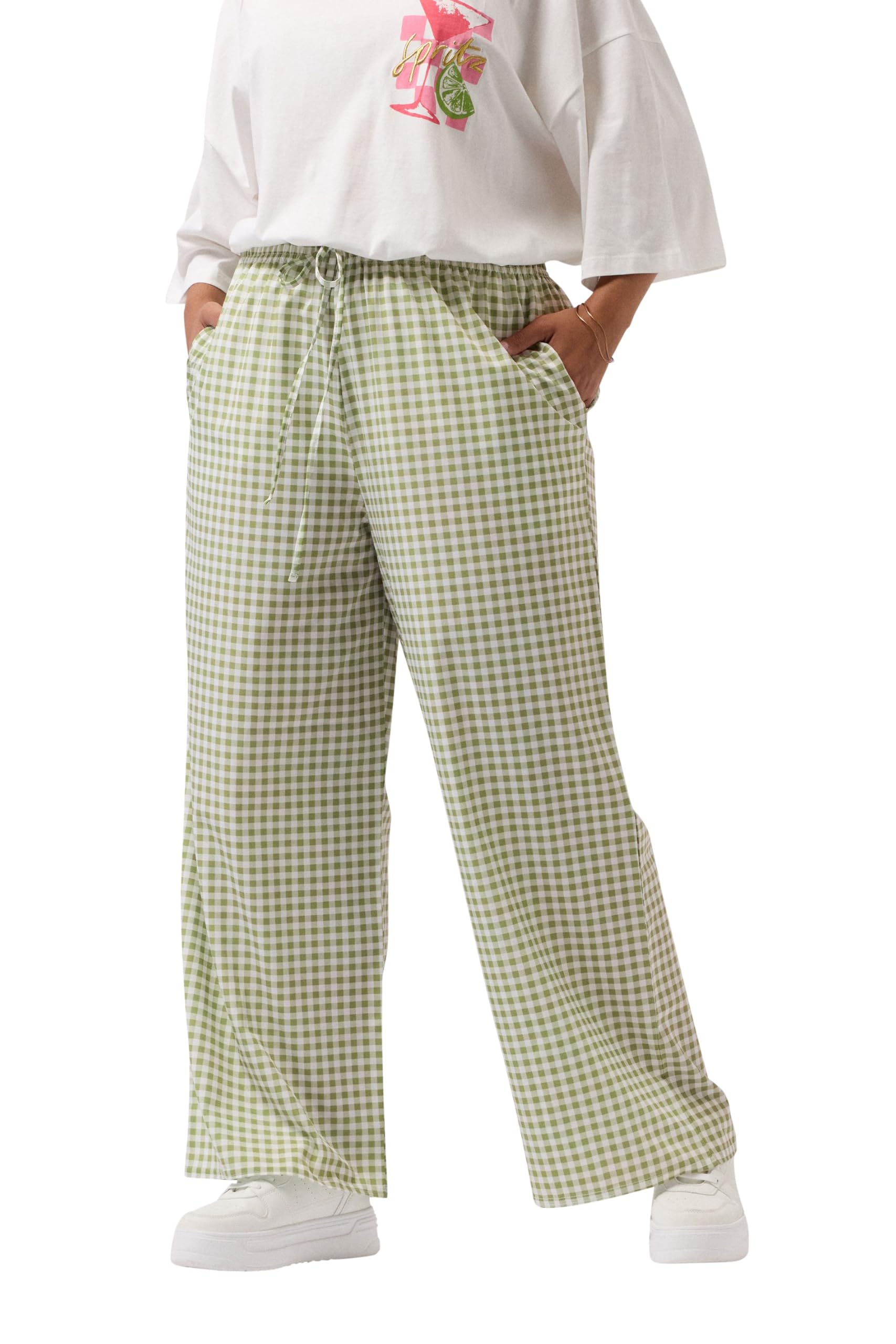 Yours Curve Sage Green Gingham Wide Leg Trousers - Women's - Plus Size Curve