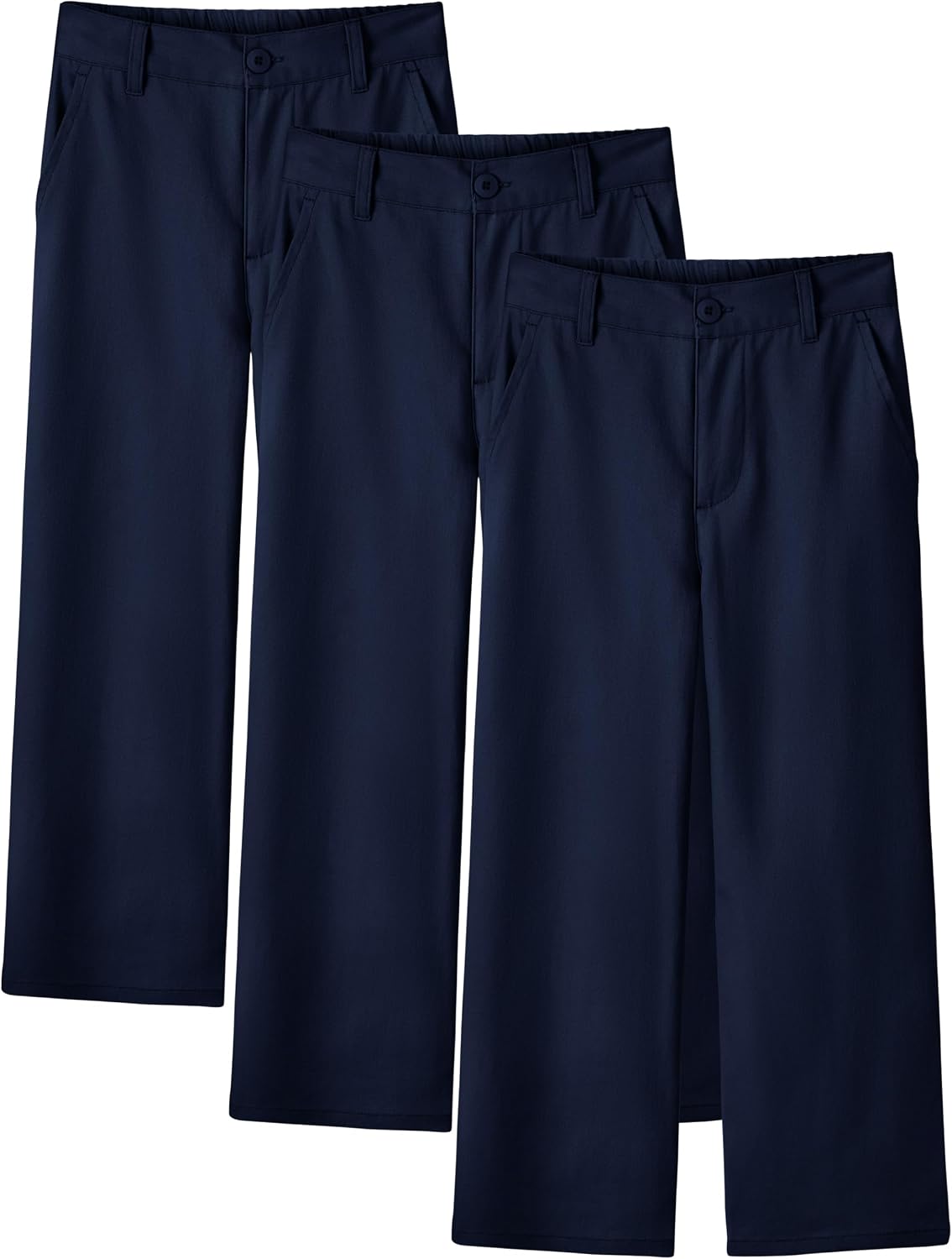 Resinta 3 Pack Girls Uniform Pants, Wide Leg Straight Fit School Uniform Pants for Girls with Zipper Fly & Pockets, 5-15Y