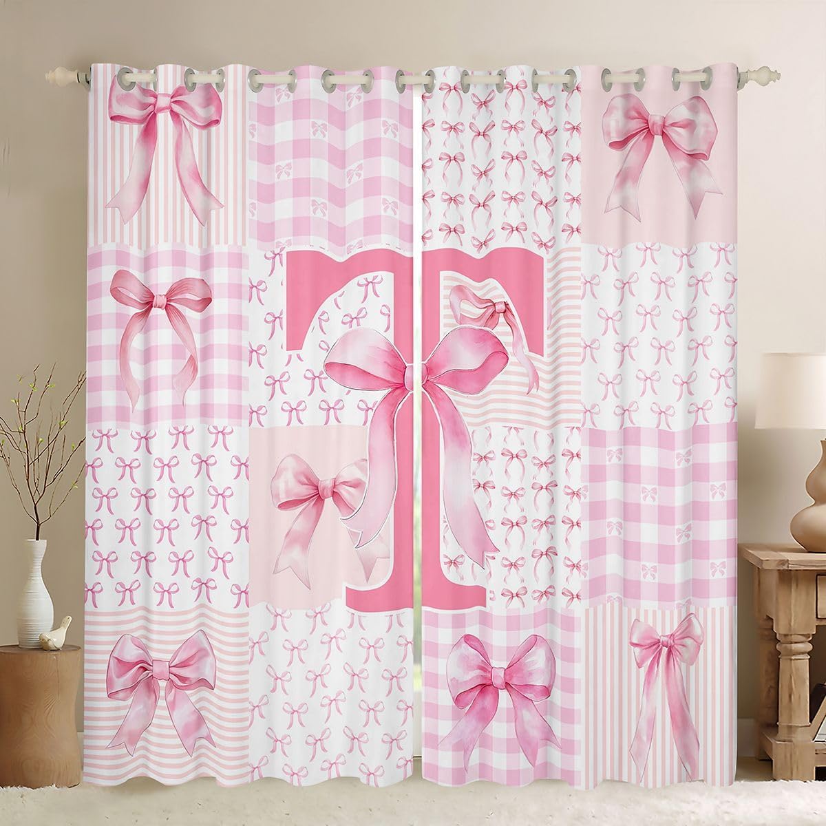 Feelyou Pink Bow Curtains for Bedroom Living Room Personalized Initial T Blackout Darkening Drapes Cute Bowknot Window Treatments, 2 Panels 38 x 45 Inch Pink Alphabet Room Decor Plaid