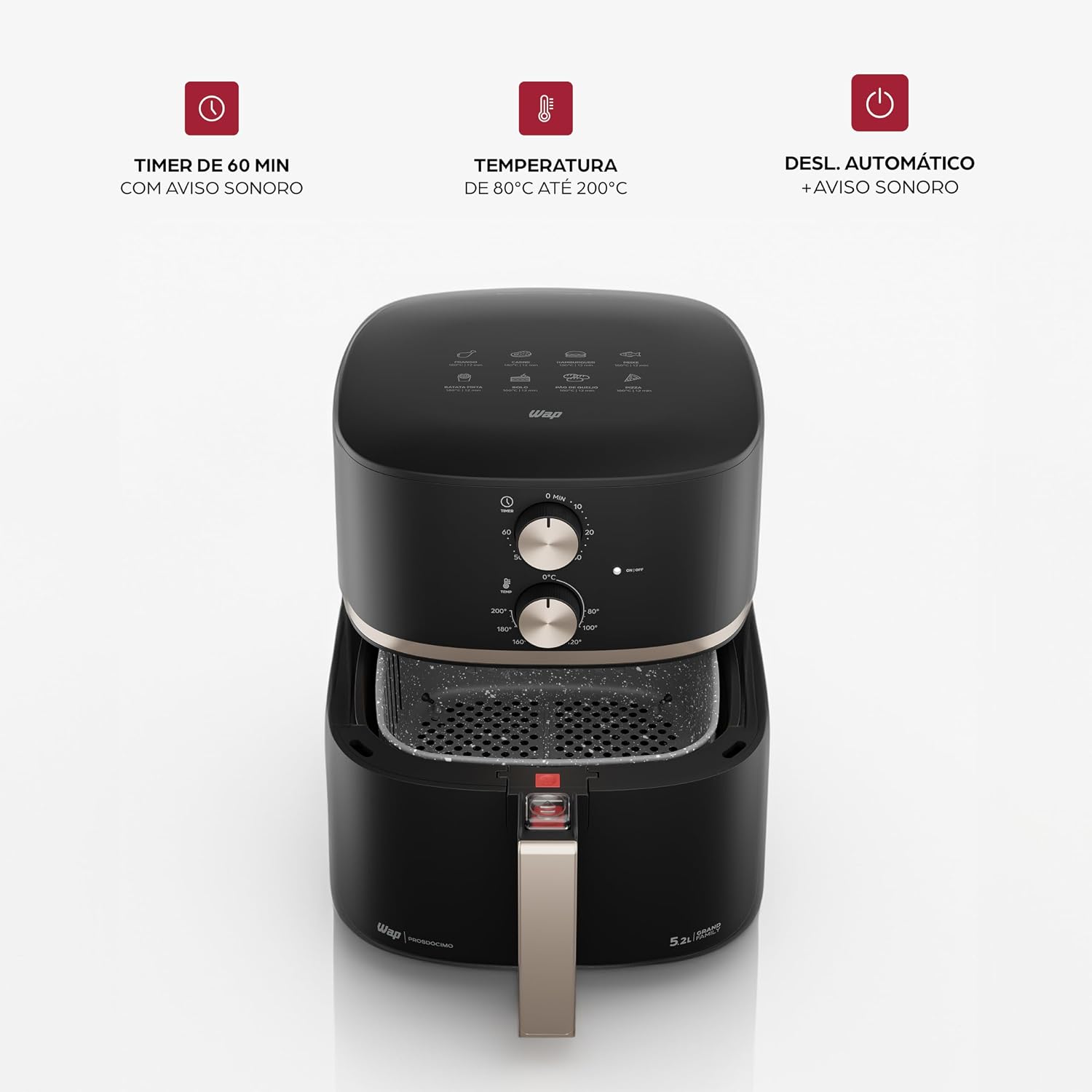 WAP Fritadeira Elétrica Air Fryer GRAND FAMILY 5,2 Litros, Temperatura Ajustável, Revestimento Antiaderente, 1500W 127V WAP Fritadeira Elétrica Air Fryer GRAND FAMILY 5,2 Litros, Temperatura Ajustável, Revestimento Antiaderente, 1500W 127V