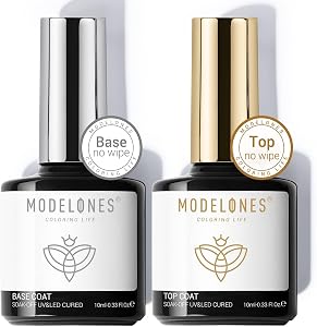 Modelones Gel Nail Polish Top and Base Coat, 10ml No Wipe Top Coat Base Coat Set, Glossy Shine Top Coat Long Lasting Soak Off U V Gel Nail for Home DIY and Nail Salon