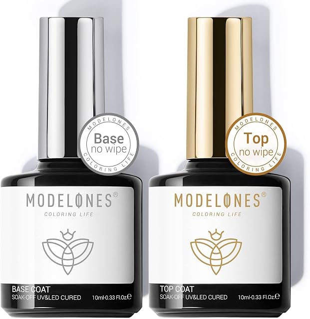 Modelones Gel Nail Polish Top and Base Coat, 10ml No Wipe Top Coat Base Coat Set, Glossy Shine Top Coat Long Lasting Soak Off U V Gel Nail for Home DIY and Nail Salon