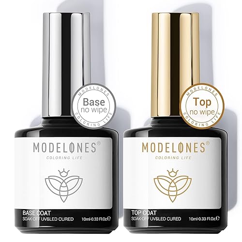 Modelones Gel Nail Polish Top and Base Coat, 10ml No Wipe Top Coat Base Coat Set, Glossy Shine Top Coat Long Lasting Soak Off U V Gel Nail for Home DIY and Nail Salon