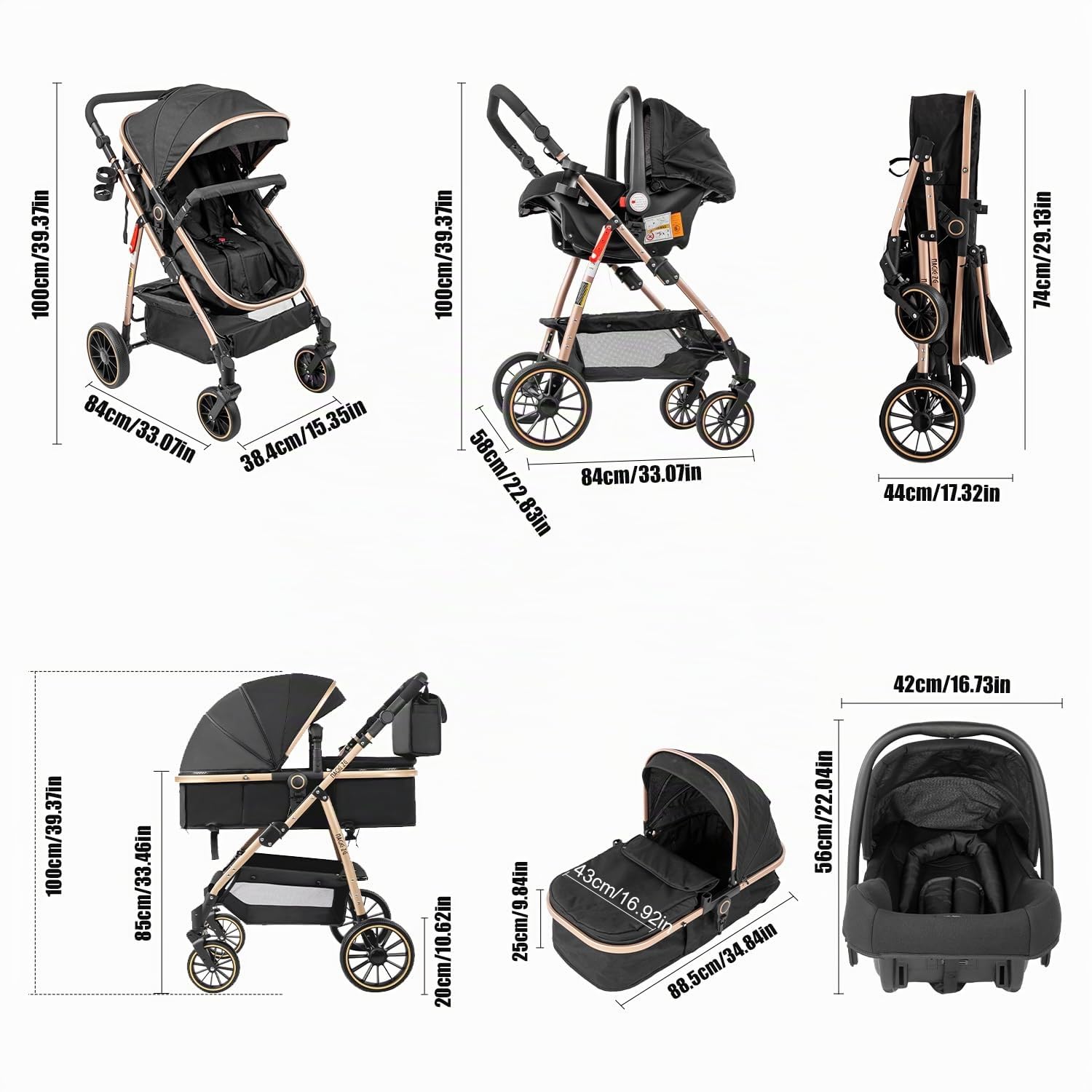 3 in 1 Kinderwagen, Liege- und Wendbarer Reisesysteme Buggy, 3-teiliger One-Click-Klappkinderwagen, Babywagen mit Komplettem Zubehör und Doppelbremsen (V8 BlackGold)
