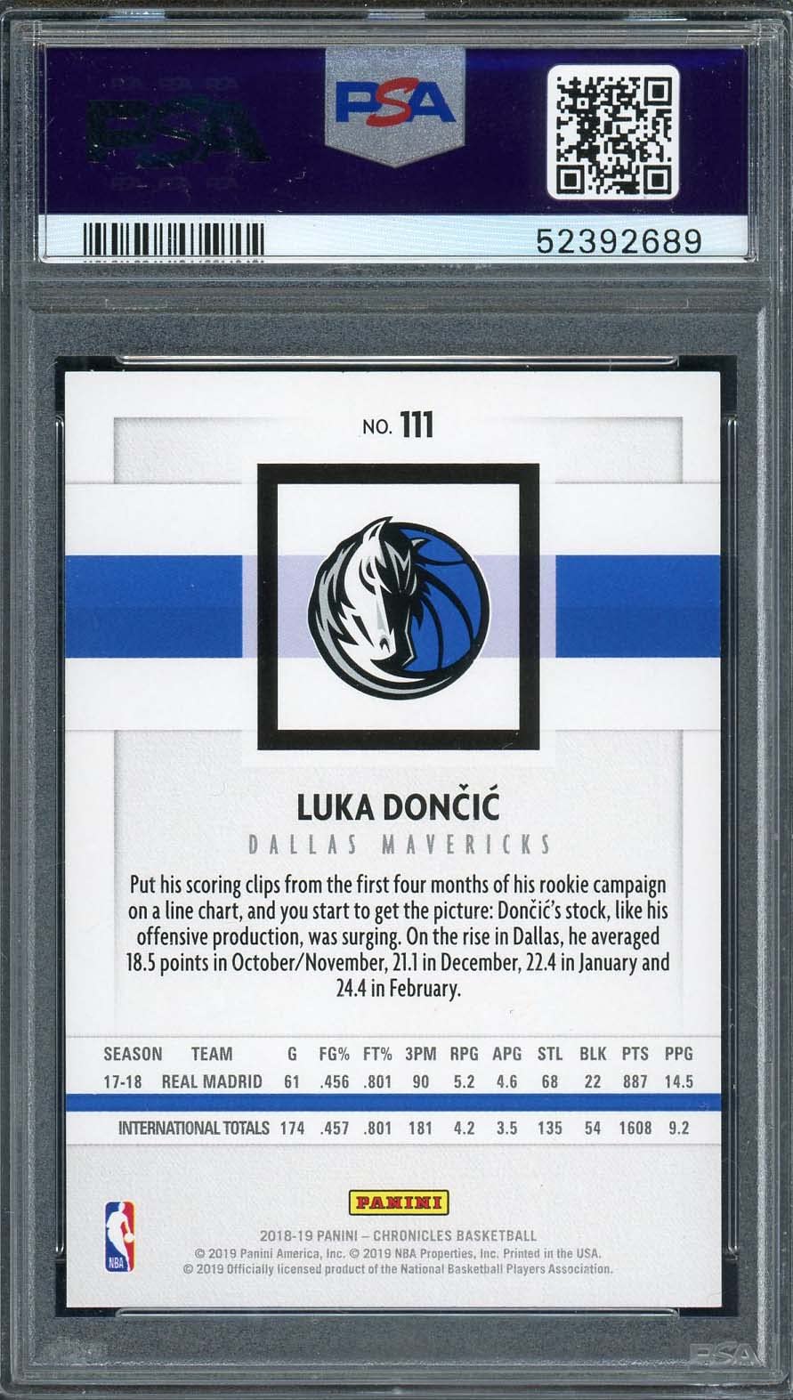 Amazon.com: 2018 Luka Doncic Rookie Card #111 Graded PSA 9 (Cert