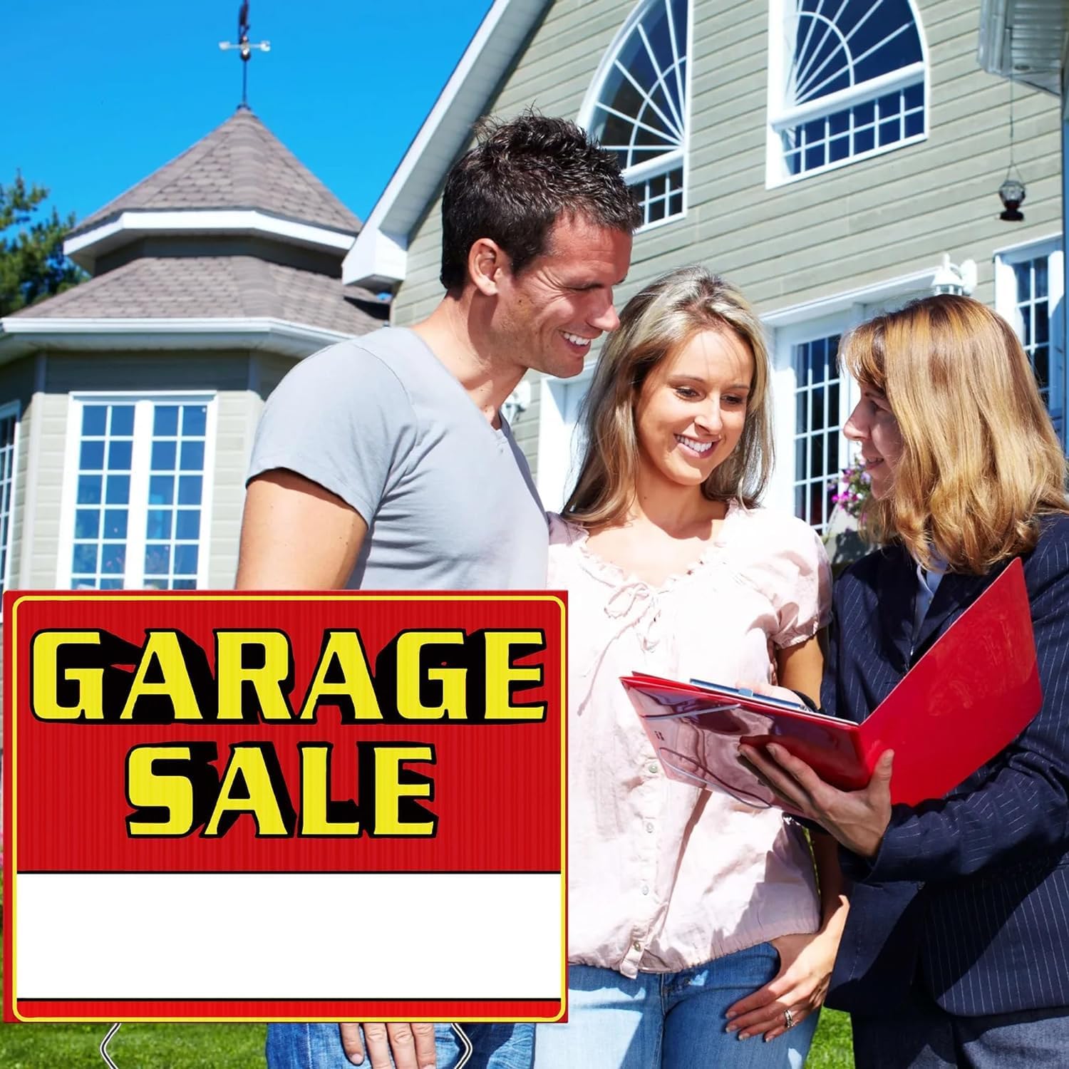 Garage Sale Signs with Stakes, Double Sided 5 Pack 17 x 13 Inch Yard Sale Signs, Waterproof Corrugated Plastic Sale Signs Kit with 10 Metal Stakes, Arrow Stickers and Marker for Outdoor Garage Sale