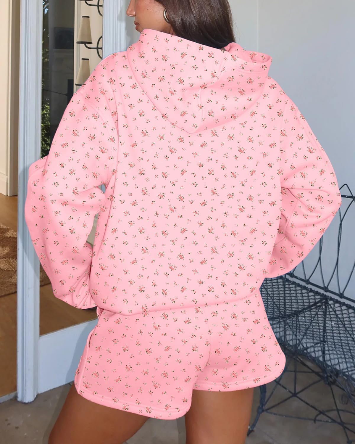 Womens Oversized Ditsy Floral Hoodie Loose Crewneck Fleece Hooded Sweatshirt Y2k Pullover Tops Fall Winter Outfits - Image 5