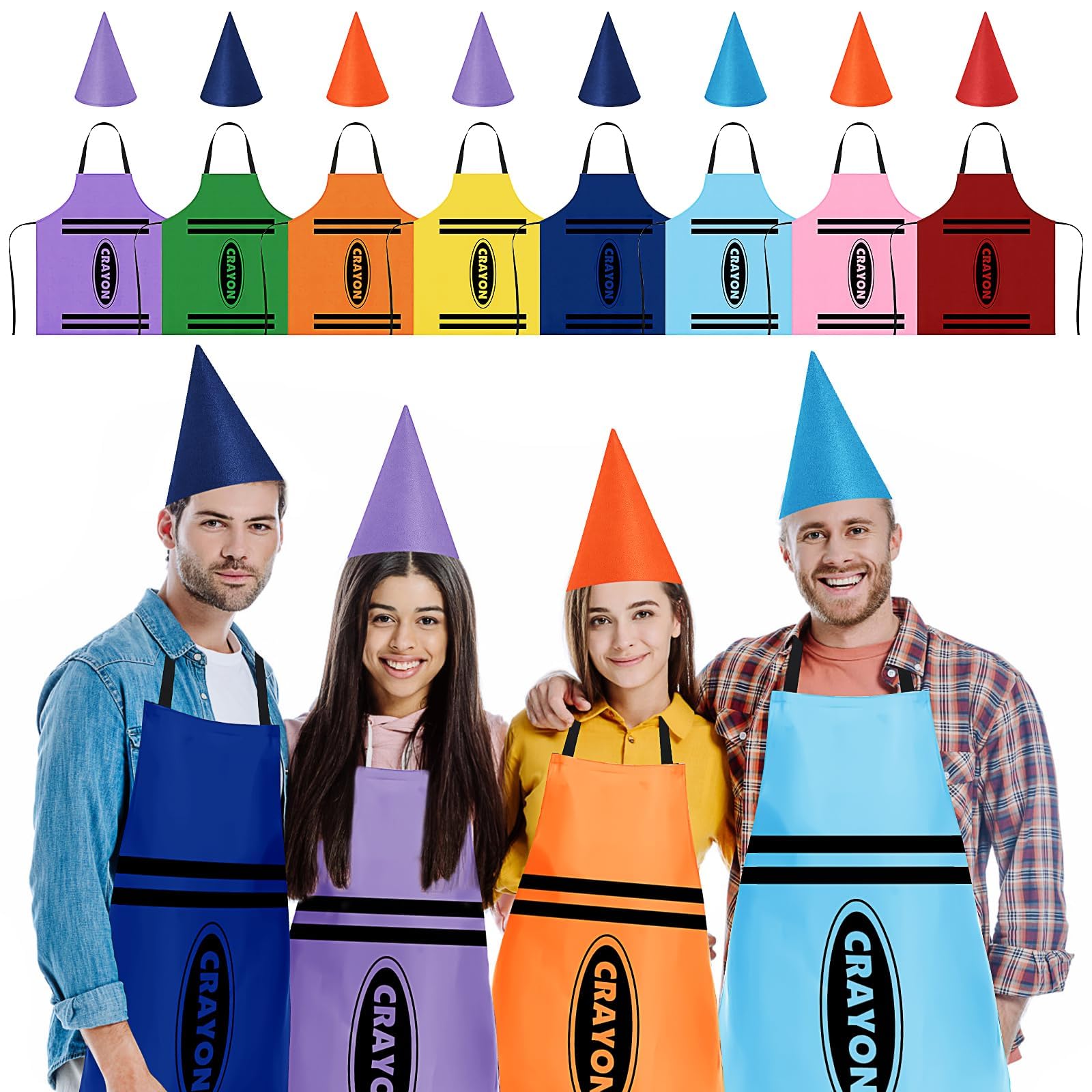 Juego de 8 delantales coloridos y sombreros divertidos para adultos, diseño de lápiz para Halloween, fiesta, Cosplay y disfraz de grupo