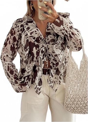 GORGLITTER Women's Cow Print Ruffle Tops Y2k Tie Front Chiffon Shirt Tops V Neck