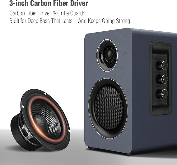 Bluetooth Bookshelf Speakers, 60W, USB-C, AUX/RCA, Gray, 3.0 inches