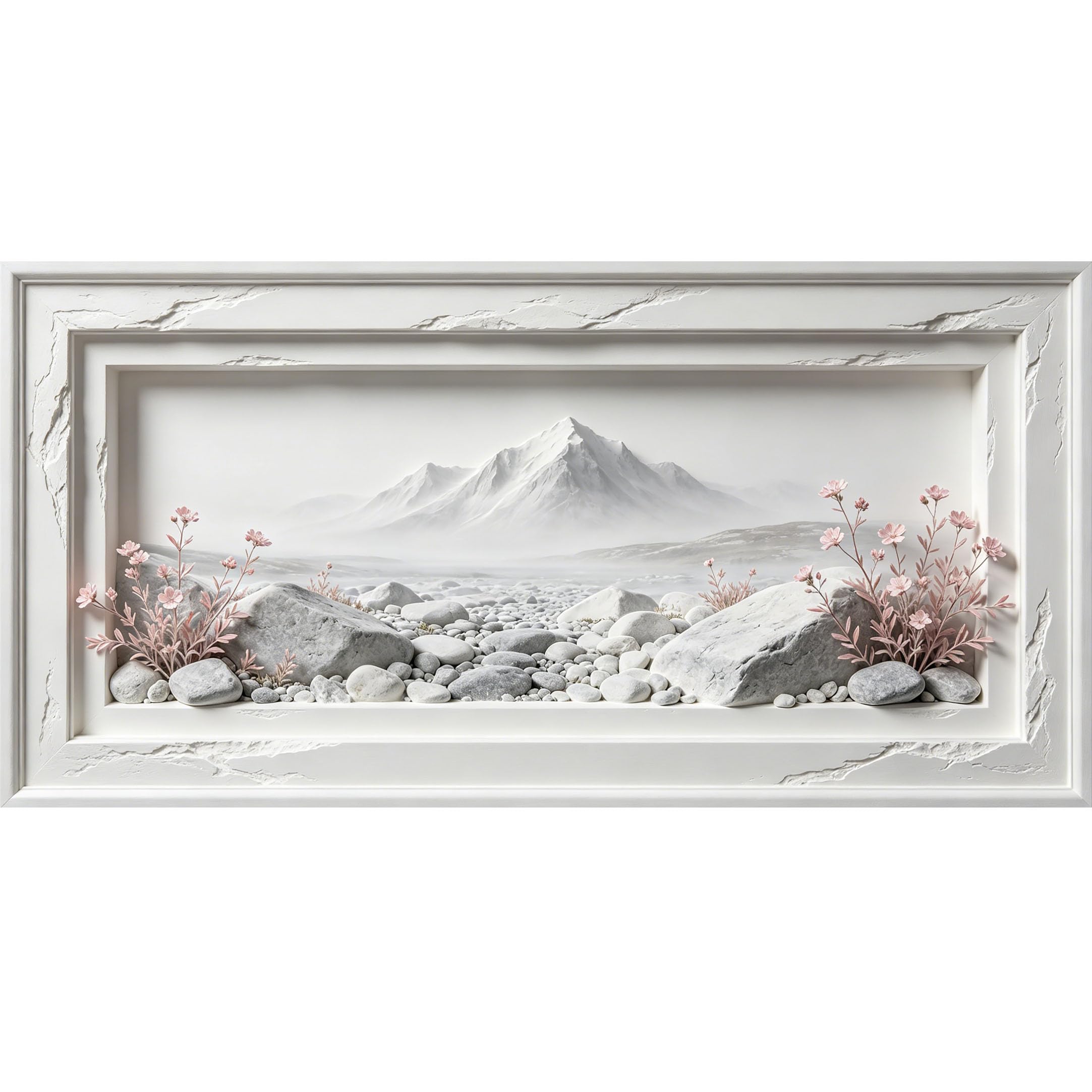 Agglomerix 3D Framed Wall Art Mountain Lake Landscape Minimalist Stone Pebble Flower Relief Large Size Self-Adhesive Removable Wall Decor Prints Artwork for Living Room Bedroom Office