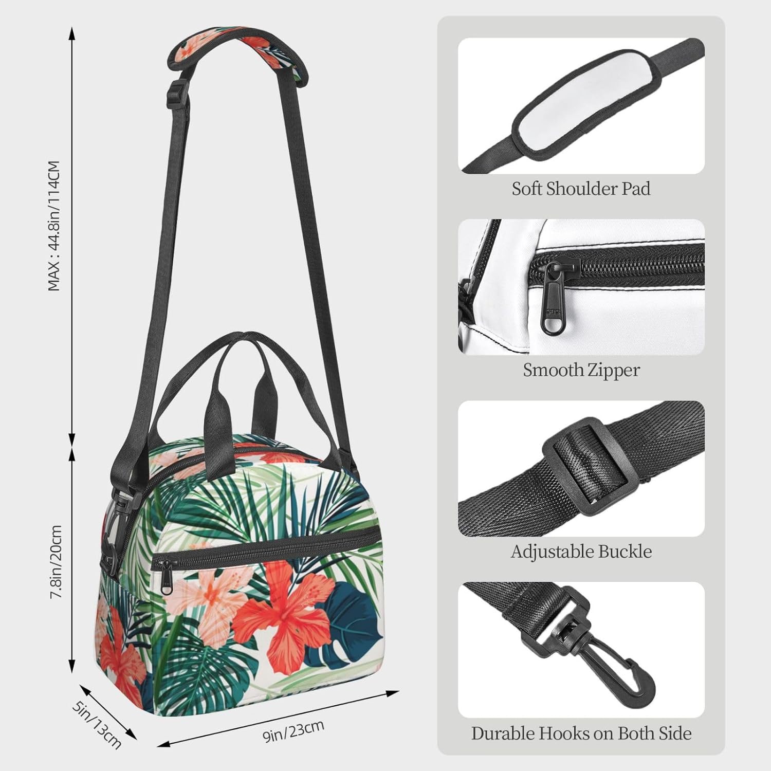 Vegetation Leaves with Hibiscus Flowers Print Reusable Lunch Bag Insulated Lunch Boxes for Office Work Picnic Tote Bag Adjustable