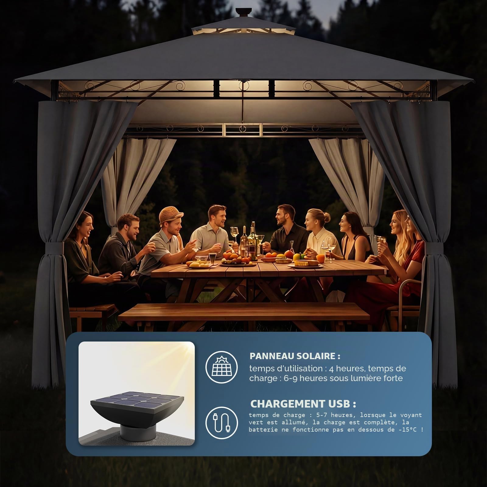 JUMMICO Tonnelle de Jardin 3x6 avec Éclairage Solaire, Toit Double Couche, Structure Métallique Robuste, Résistant au Vent, à la Pluie et aux UV, Abri pour Fêtes et Réceptions de 6 à 10 Personnes Gris