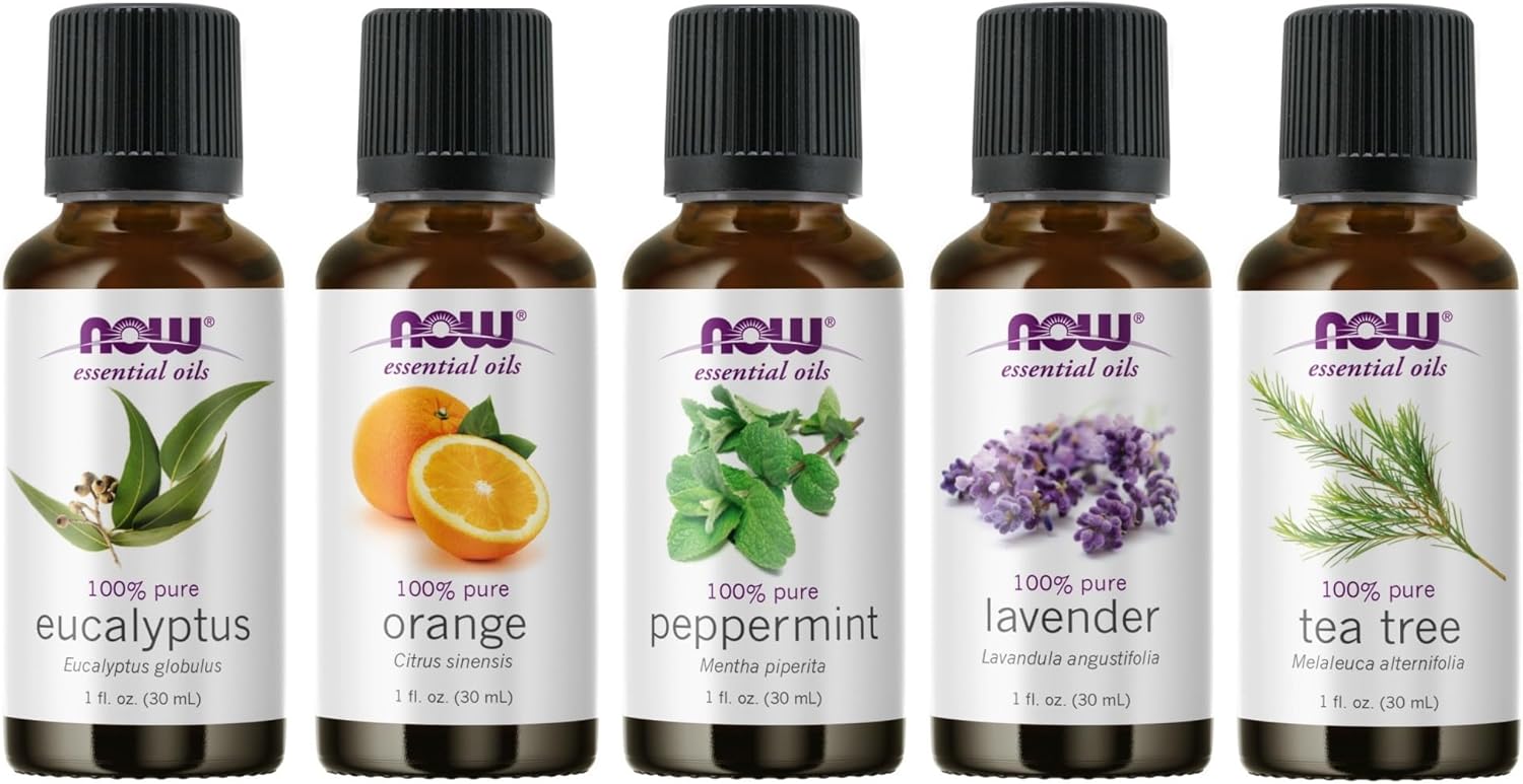 NOW Foods Essential Oils 5-Pack Sampler: Tea Tree, Orange, Eucalyptus, Lavender, Peppermint - 1 oz Each for Aromatherapy Bliss