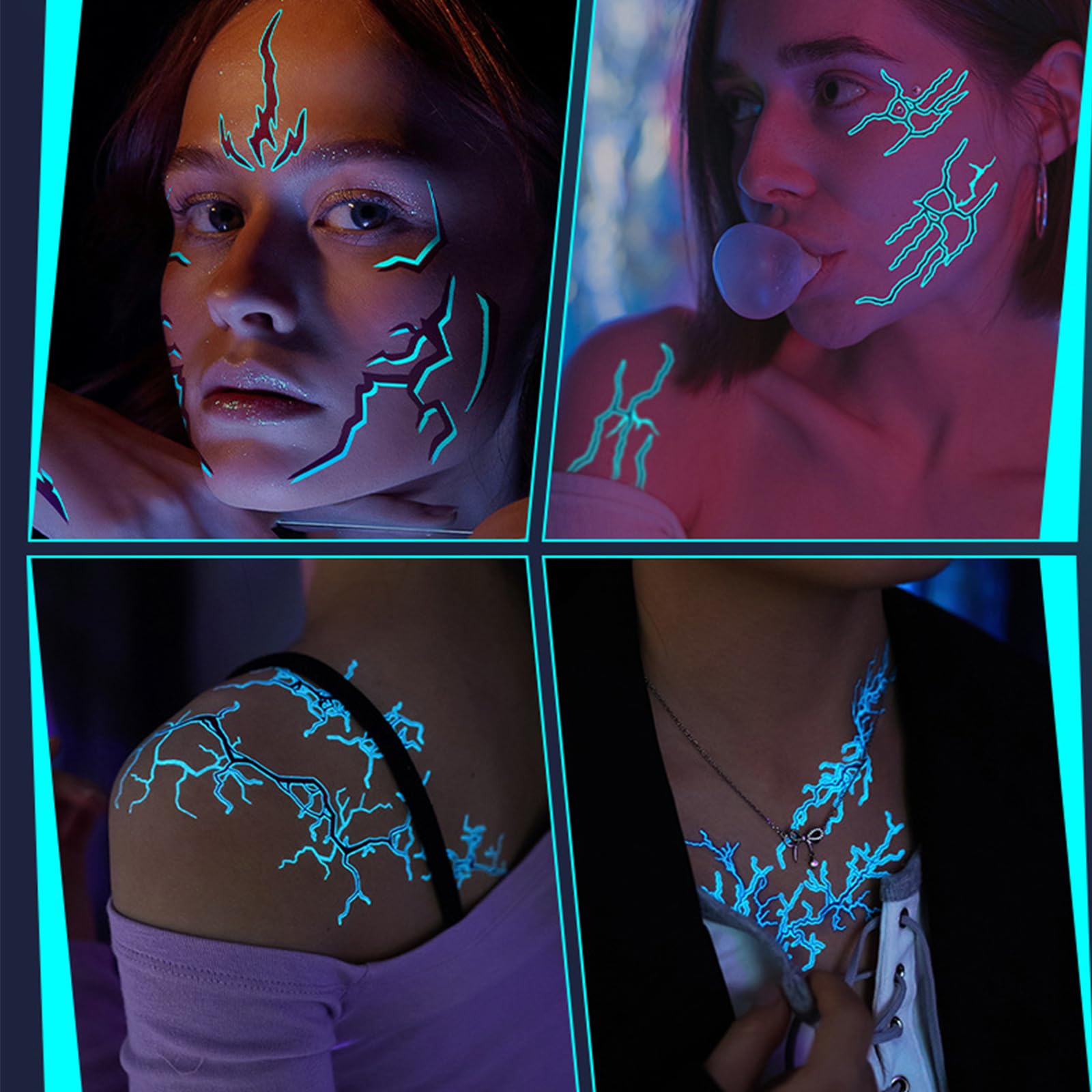 Qpout 12 arkuszy świecących tymczasowych tatuaży w ciemności, duży rozmiar, Anime Cosplay Bluelight, błyskawica, naklejki na rave, Halloween, imprezę taneczną, akcesoria