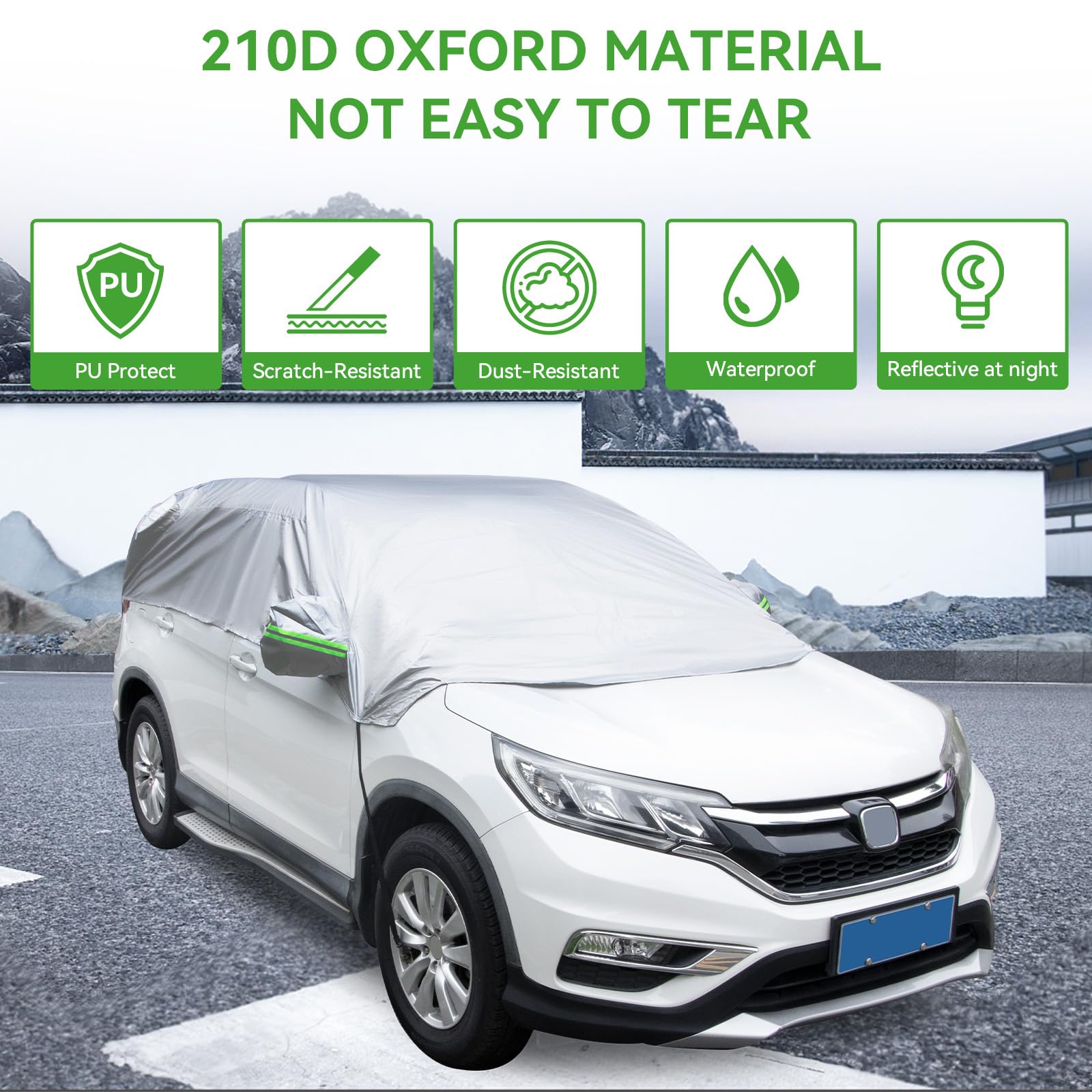 Ninonly Demi Housse de Voiture Universelle en Tissu Oxford 210D - Protection Imperméable pour SUV et Auto, Anti-Givre, Argent (Jusqu'à 4.5-5.5M)