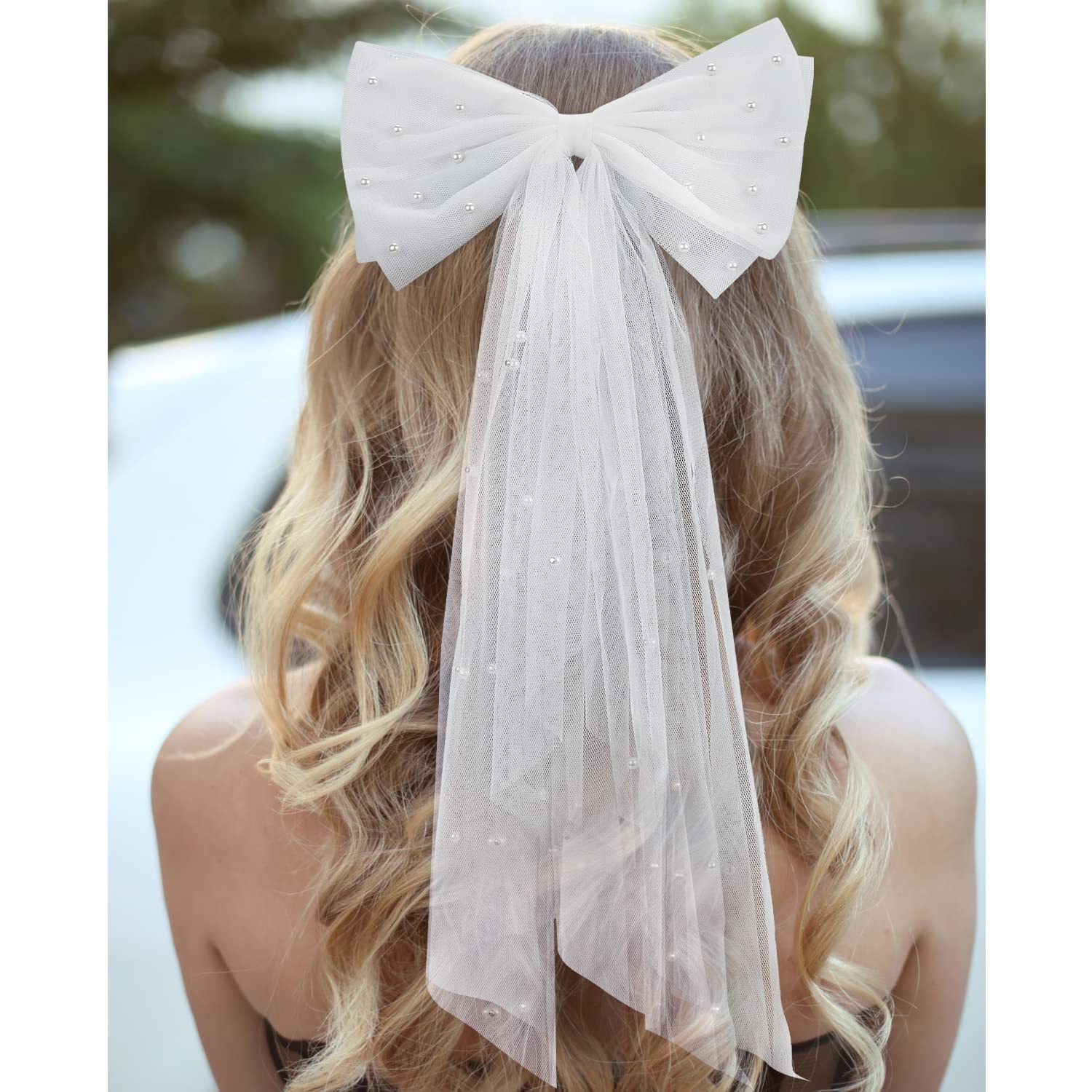 ?Women White Clip Bachelorette Party Decorations Pearl Bow Accessories 3 Pcs Bridal Pearl White Hair Bow & Silver Letter Clip Pins  main image 4