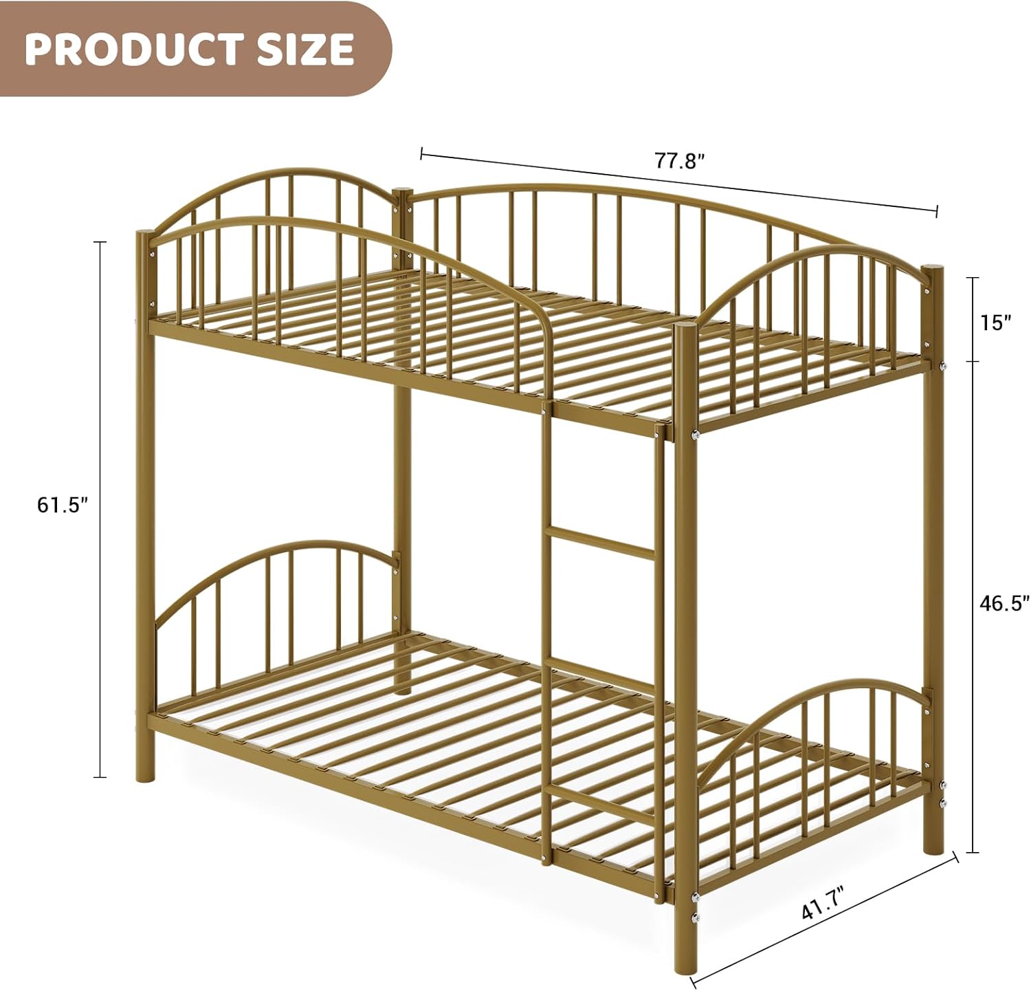 GarveeHome Metal Bunk Bed Twin Over Twin, Heavy Duty Bunkbeds Frame with Arched Guardrail and Safety Ladder, Sturdy Steel Bed for Kids Boys Girls, Space-Saving, No Box Spring Needed, Gold