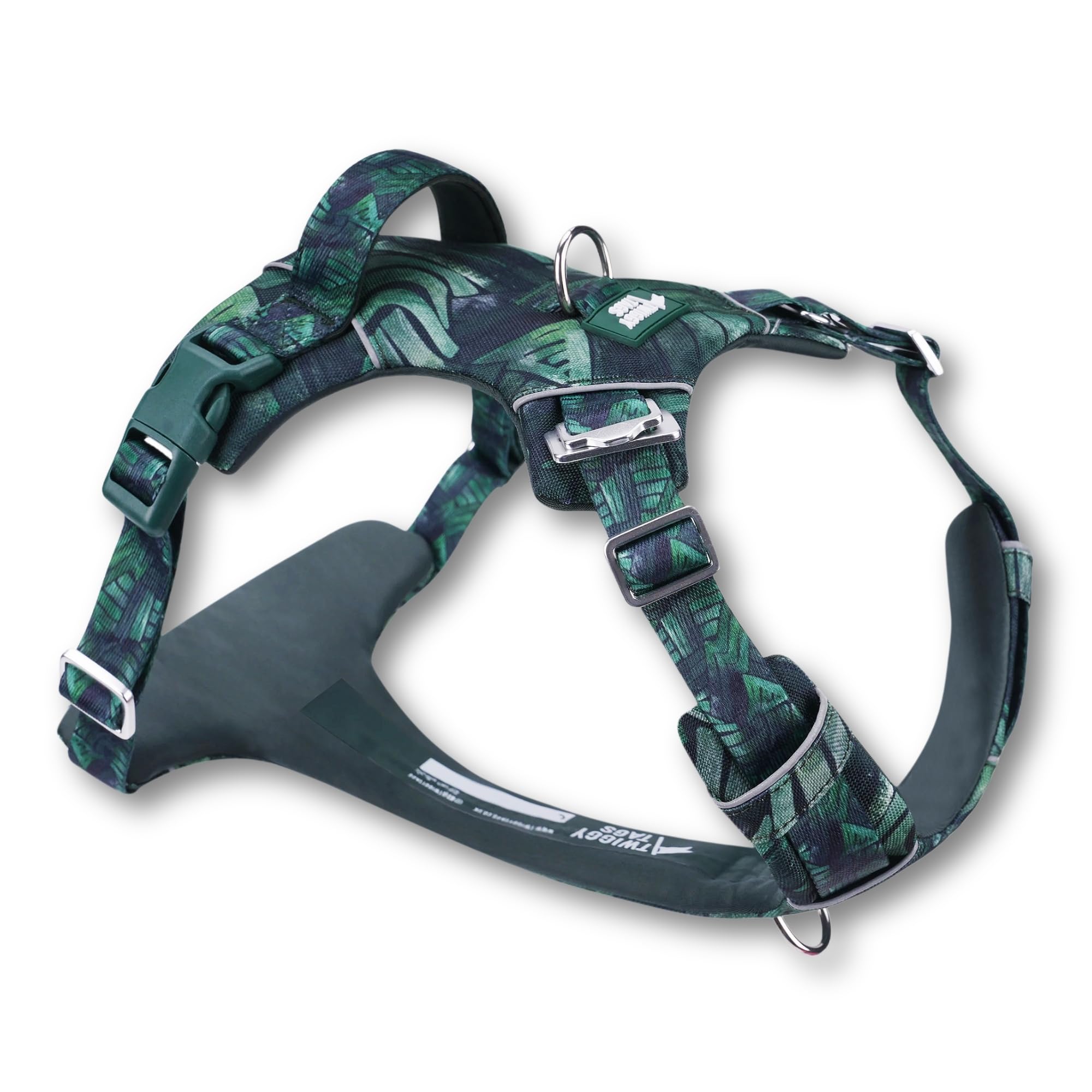 Twiggy Tags Adventure 2.0 Harness | Adjustable, Reflective, Durable Dog Harness | Dual lead attachment & Strong Handle | Stain & Water Repellent, Padded | All Dog Breeds | Canopy Dark Green Size 2