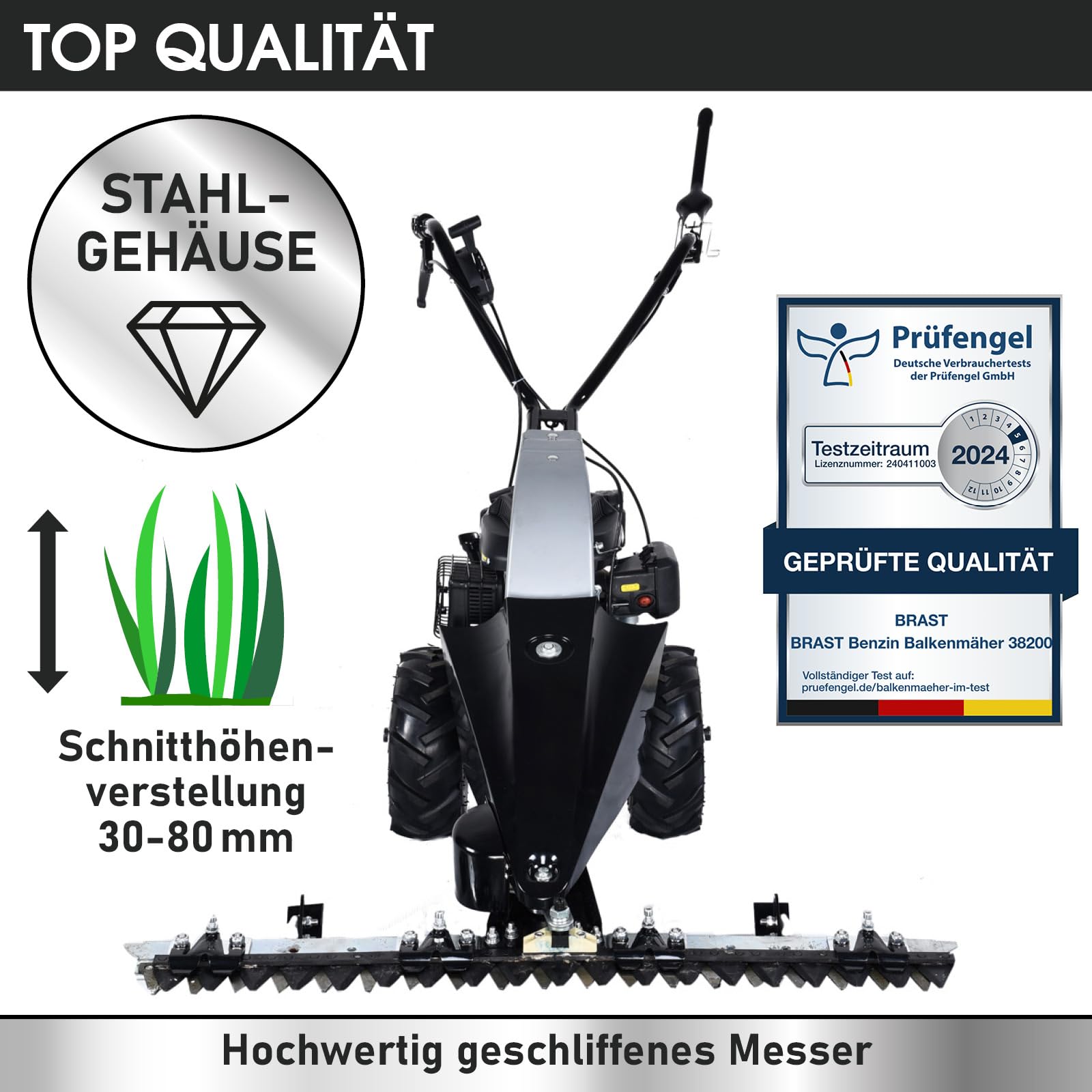 BRAST® Balkenmäher Benzin 3,5kW(4,8PS) mit Antrieb Schnittbreite 97cm Luft-Bereifung mit Geländeprofil Rasenmäher Hochgrasmäher Wiesen-Mäher 196ccm