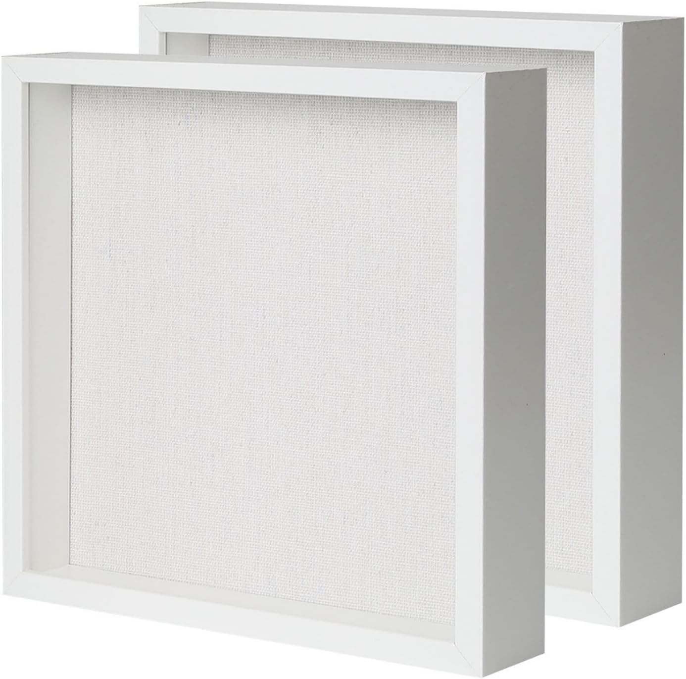 Muzilife Shadow Box Picture Frame with Linen Board Deep Wood Glass Display Case Ready to Hang Memory Box Baby Sports Memorabilia, Pins, Awards, Medals, Wedding, Tickets and Photos, White, 2pcs 12X12