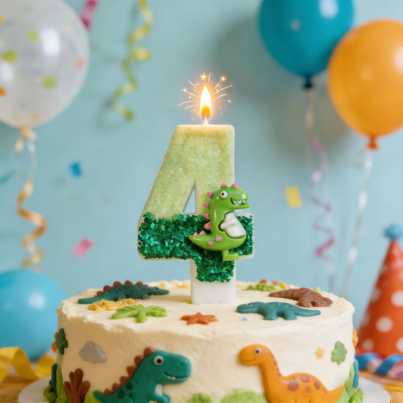 Vgrdtw Green Dinosaur Candles For 4 Birthday Cake - Smokeless & Safe Birthday Candles With Glitter & Gradient Colors - Kids Party Decorations (Green)