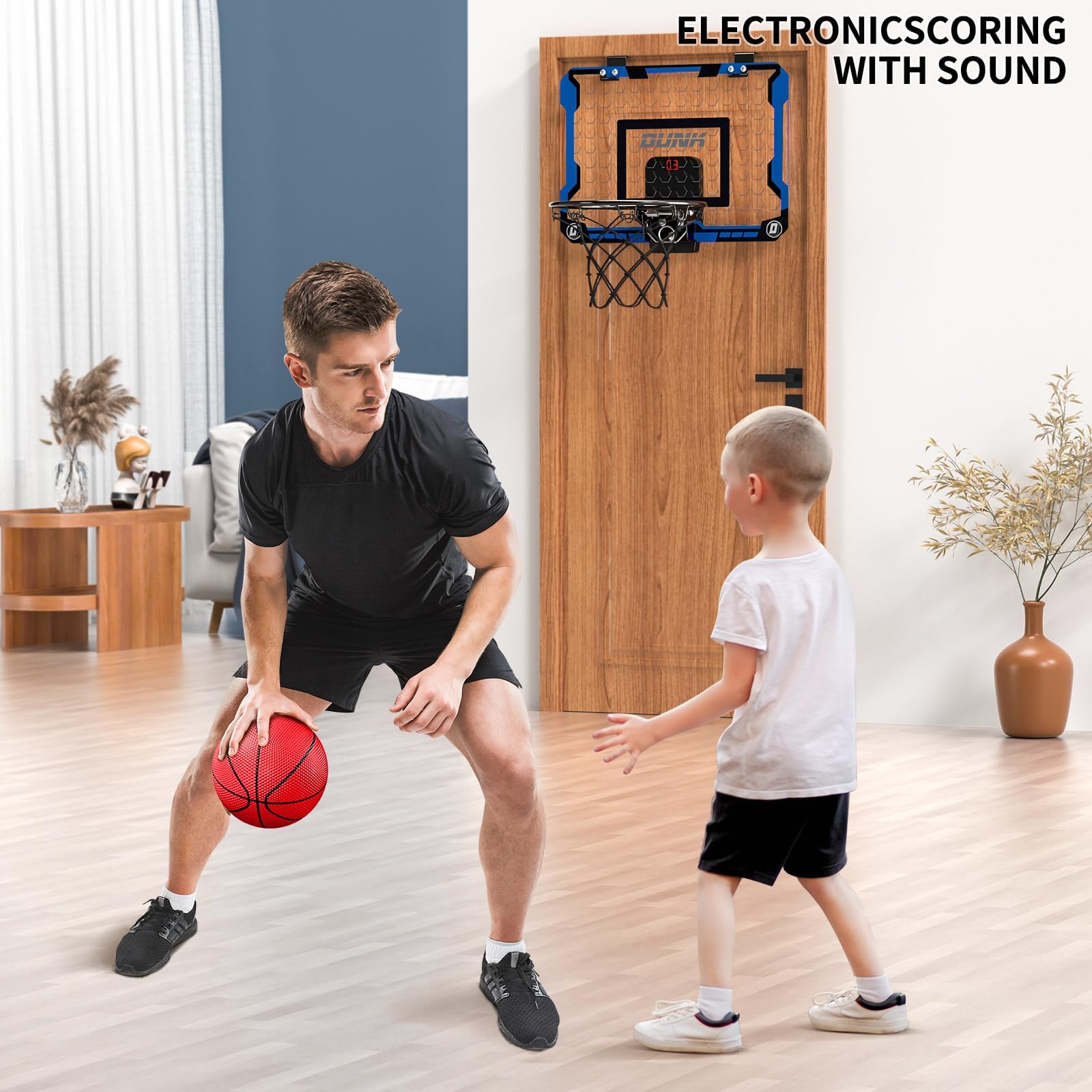 TEMI Canasta de baloncesto para interiores, minicanasta de baloncesto con 4 pelotas, sobre la puerta, tablero de baloncesto para niños y adultos, juguete de baloncesto para niños y niñas, edad 3, 4,