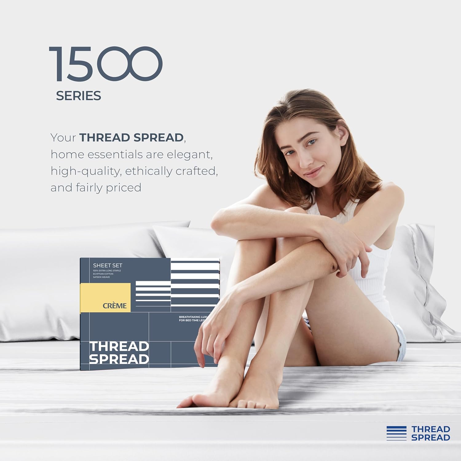 THREAD SPREAD 100% Egyptian Cotton Sheets Queen Size - Luxury 1500 Series Queen Sheet Set Egyptian Cotton (4 PC, White), Silky Soft, Sateen Weave, Cooling & Breathable, 17" Deep Pocket Bed Set