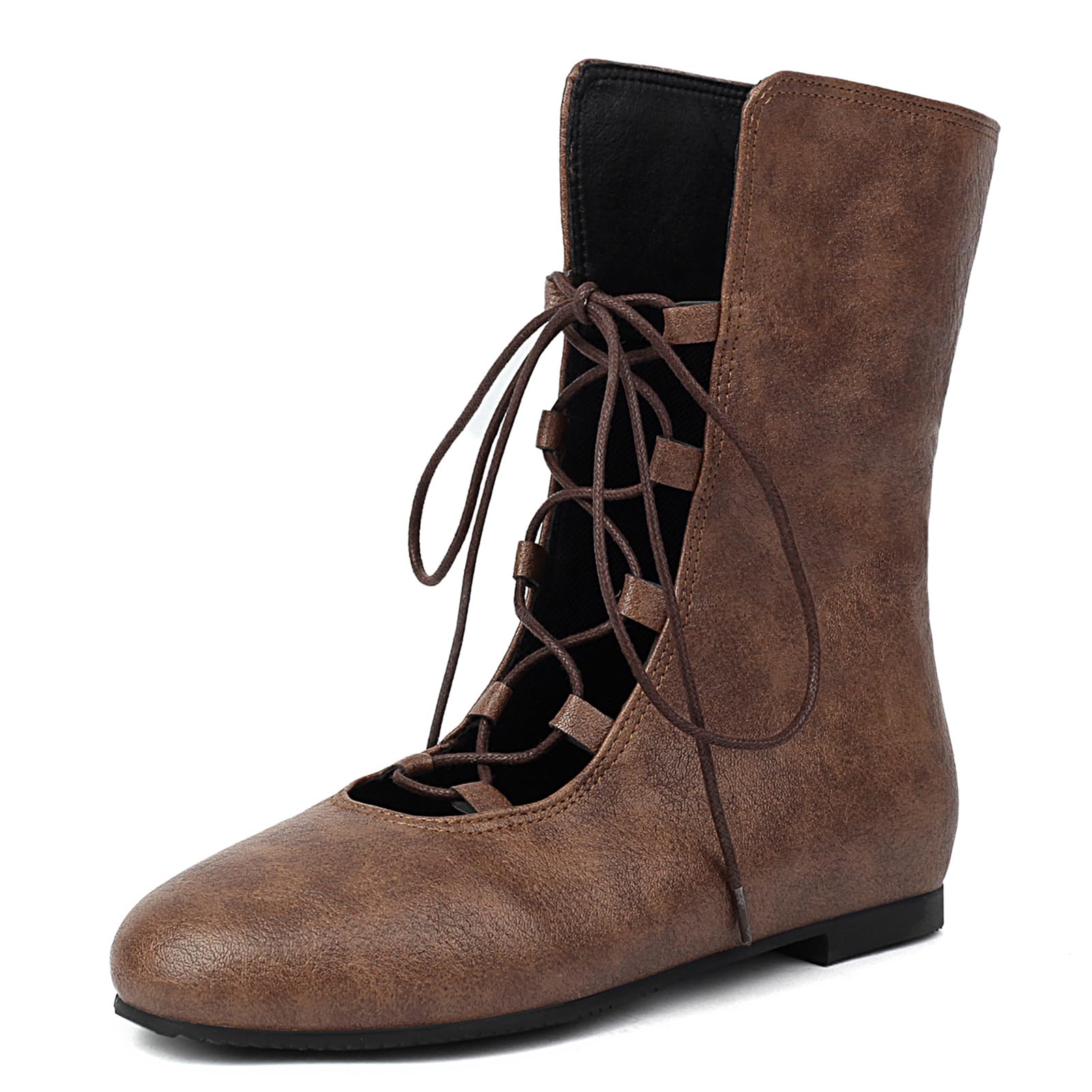 Galindopia Women Vintage Flats Short Boots Lace Up COS Medieval Men's Faux Leather Gothic Shoes