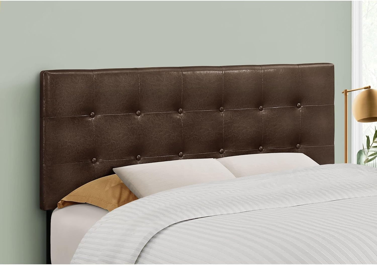 BOWERY HILL Upholstered Full-Size Headboard, Brown PU Leather-Look, Button-Tufted, Adjustable Height, Wooden Frame, Compact Design for Bedroom Furniture