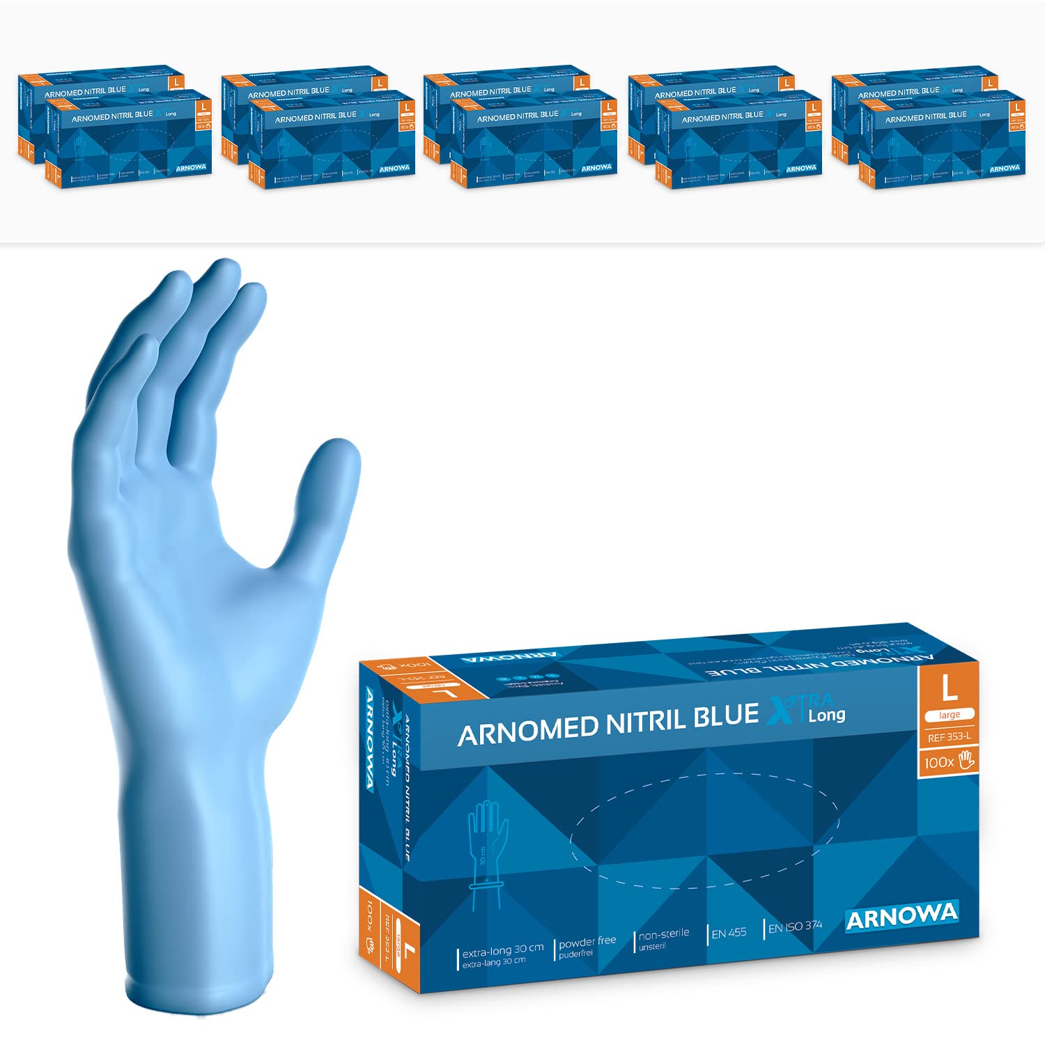 ARNOMED Gants jetables Bleu Extra Longs, gants jetables de 30cm de long L, Gants en nitrile jetables Extra Épais, 1000 pcs (10 boîtes avec 100 pcs), gants en caoutchouc longs jetables en S, M, L & XL | Gants jetables de 30 cm de long - Gants jetables 50 %