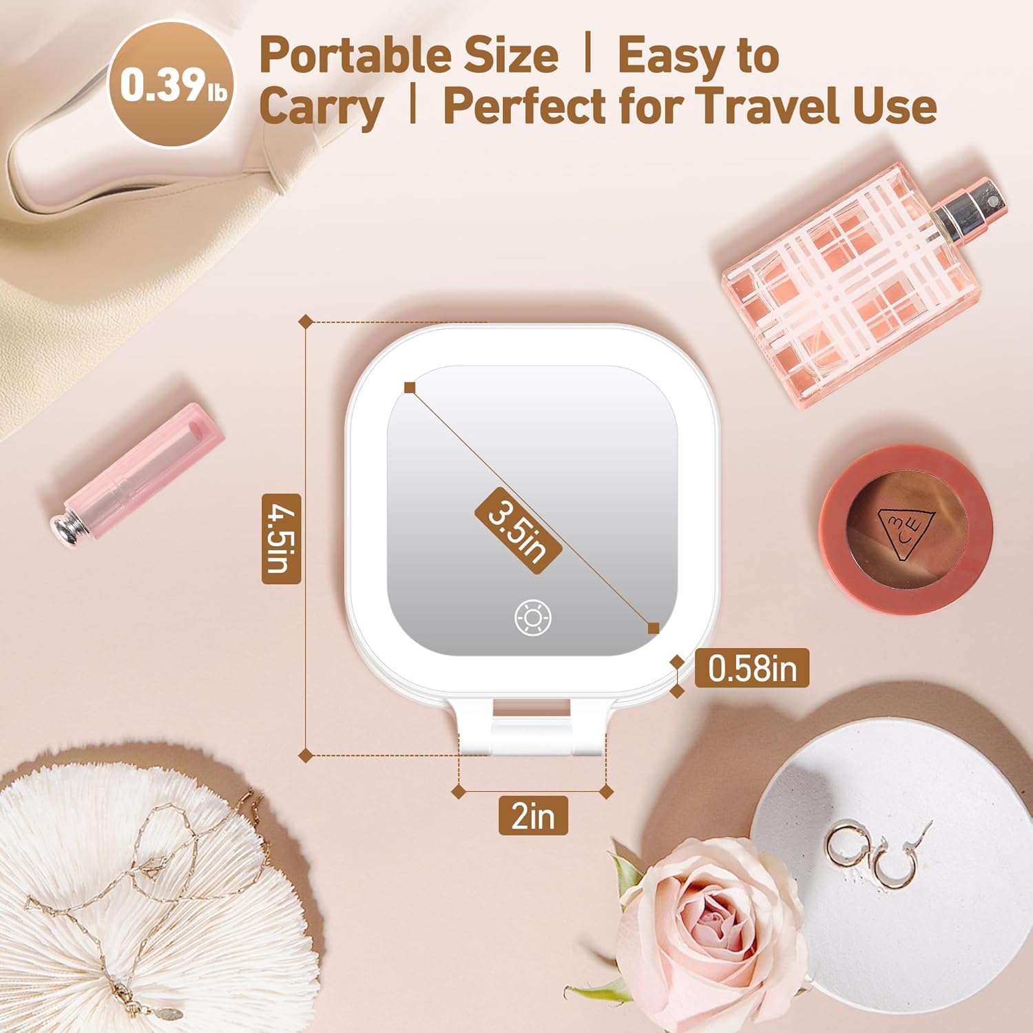 GOMIPURU Espejo de viaje con luz, espejo de aumento de 1x/30x con 3 luces de color y brillo ajustable, espejos pequeños compactos de 3 vías de bolsillo para colgar de mano de 4.5 x 3.9 pulgadas, viene