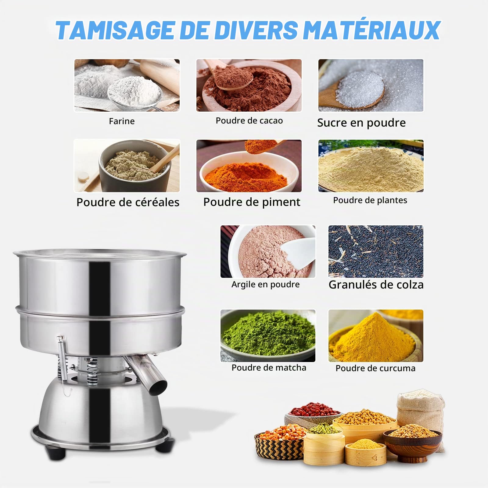YUCHENGTECH Tamis Vibrant Électrique avec Tamis de 40 mesh Tamis à Farine Électrique Tamis Vibrant Automatique Tamis Vibrant en Acier Inoxydable pour le Tamisage de Farine/Poudre de Cacao 1150rpm 50W