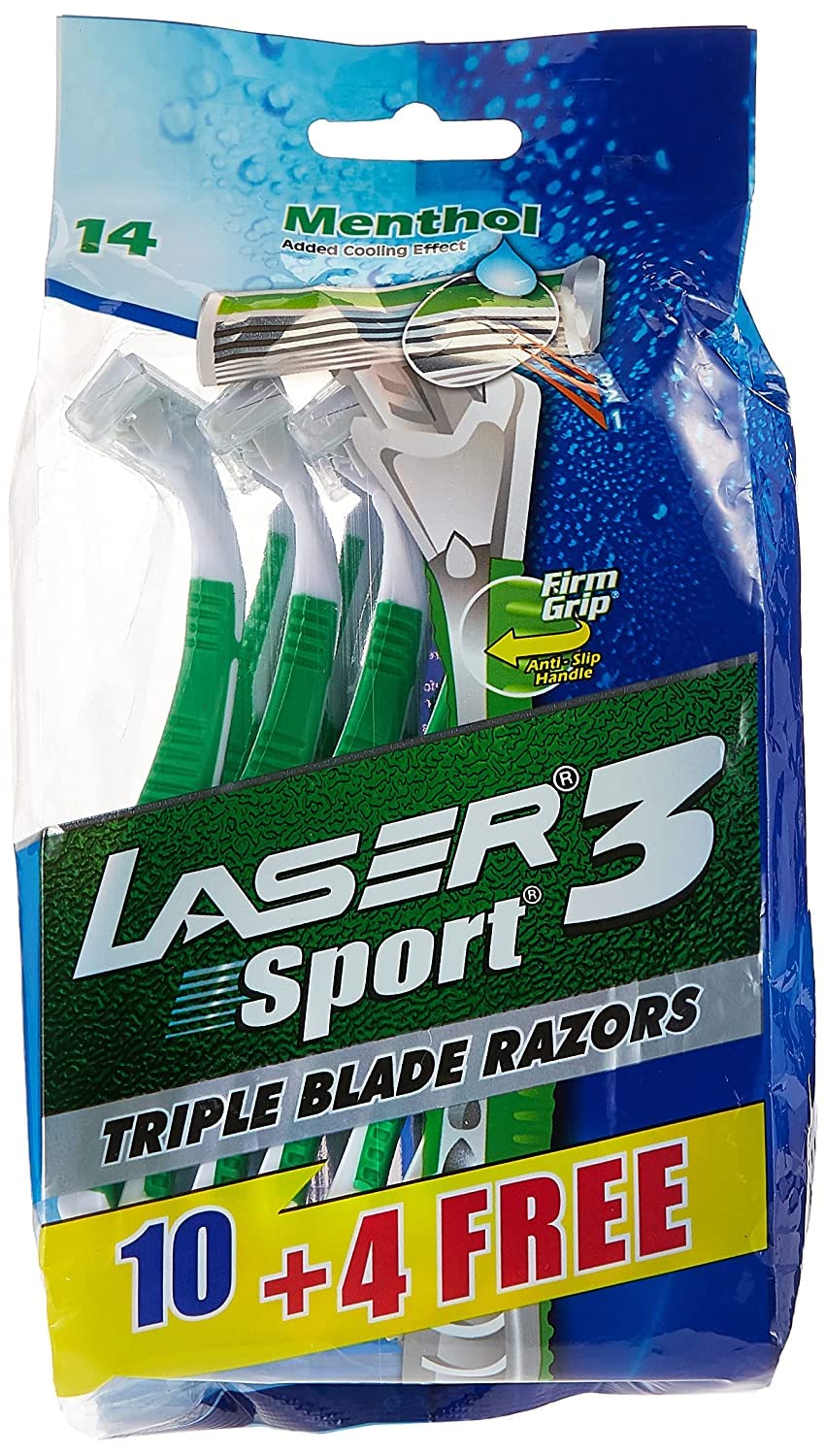 Laser Sport 3 Firm Grip Tripple Blade Disposable Shaving Razor-Anti Slip Elastomer handle-With Menthol for Added Cooling Effect-Reduce Irritation-Better Precision-Close Shave-14 Pieces
