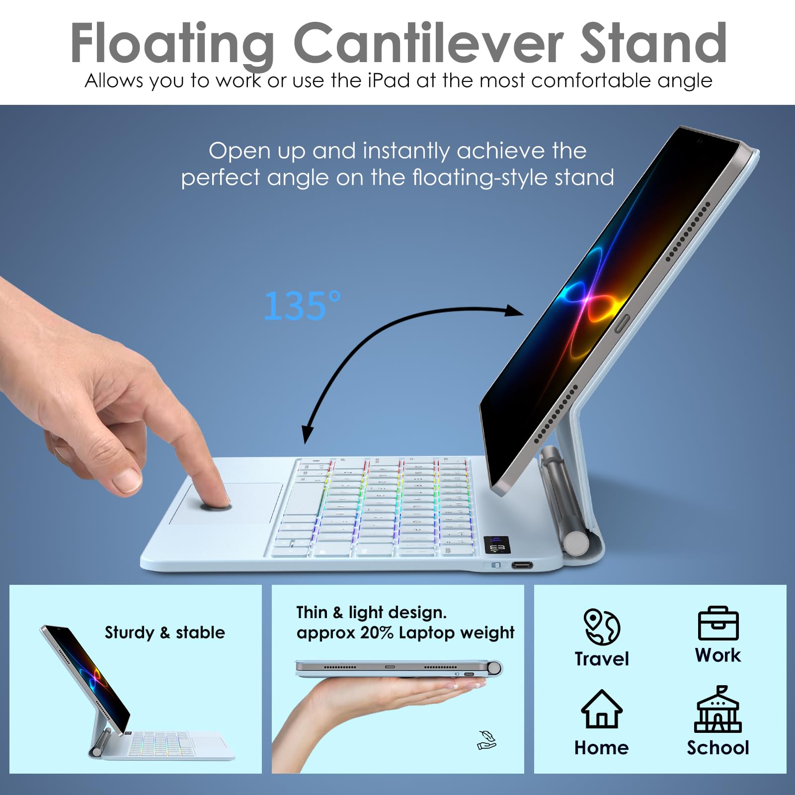 TECHGEAR Funda de teclado para iPad de 11 pulgadas A16 (2025) y 10.9 pulgadas (10ª generación 2022), soporte flotante magnético delgado, Bluetooth QWERTY, trackpad multitáctil, teclado retroiluminado