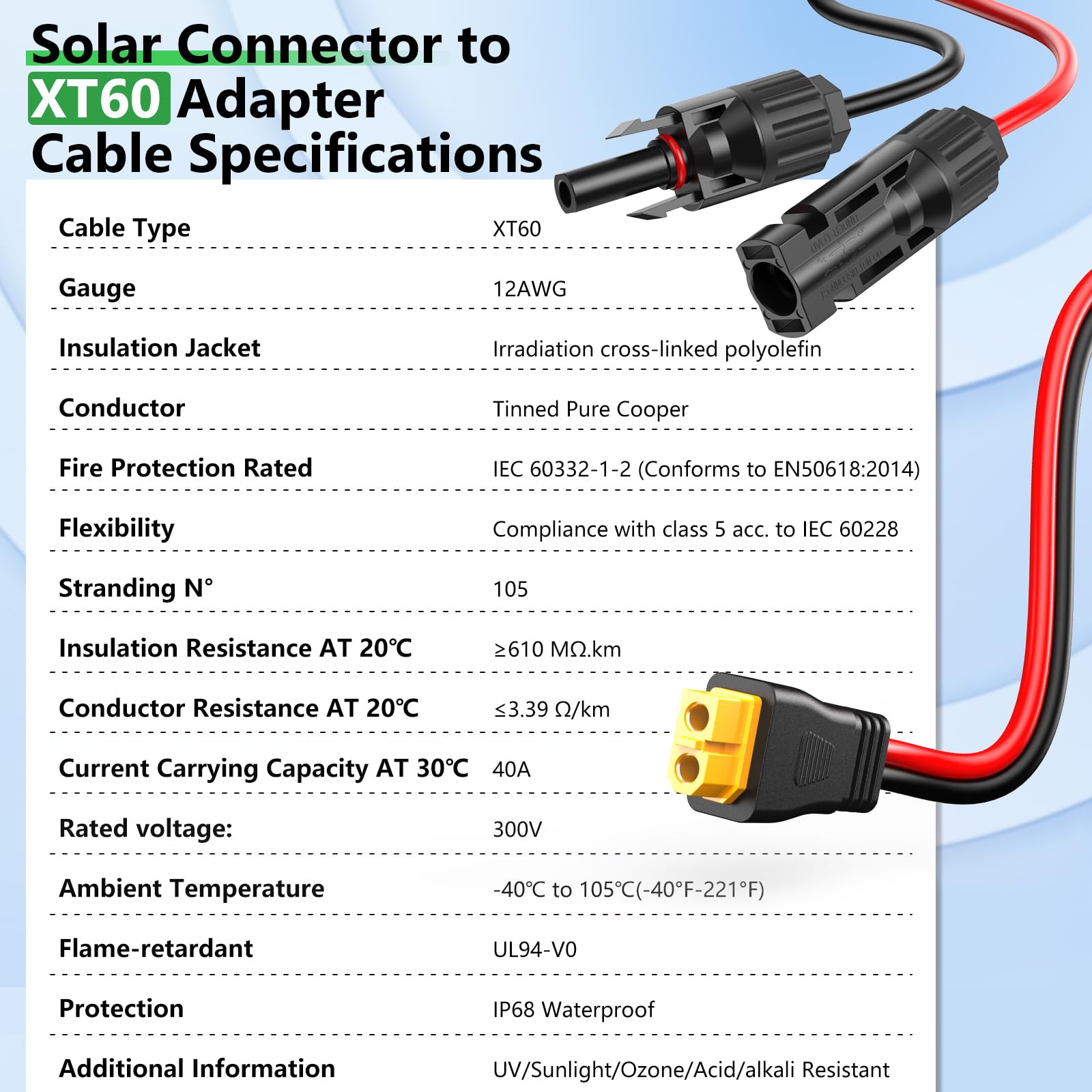 Vansdon Cavo di prolunga da solare a XT60, 12 AWG, 0,9 m, XT60, connettore femmina a maschio per pannello solare pieghevole, centrale elettrica portatile, generatore solare