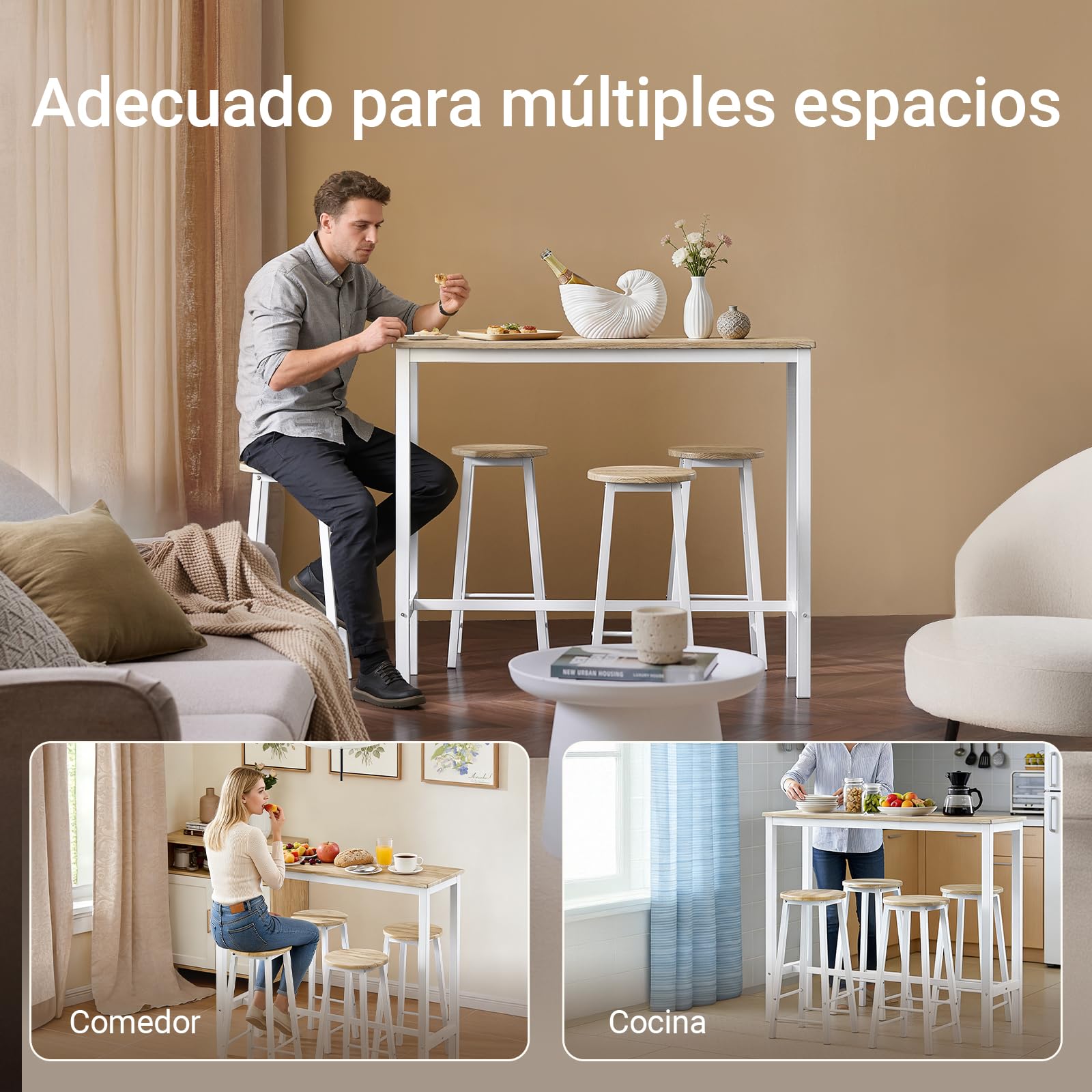SoBuy Mesa Comedor, Juego de Mesa Alta con 4 Taburetes, Mesa y Sillas de Comedor para Espacios Reducidos, Conjunto de Bar Moderno Blanco OGT22-WN