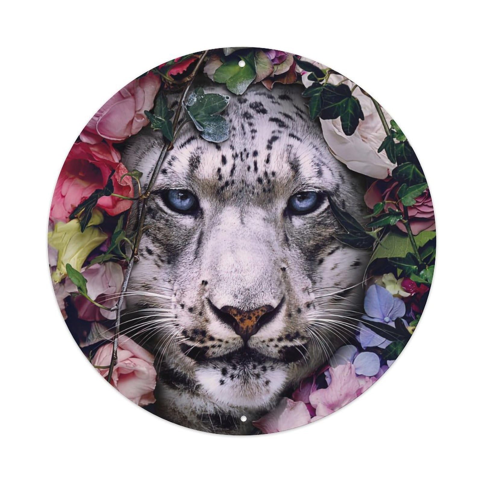 Animal Artwork Fierce Snow Leopard Vintage Metal Tin Sign Plaque Wall Decor for Cafe, Club, Garden Round Metal Poster 8x8Inch