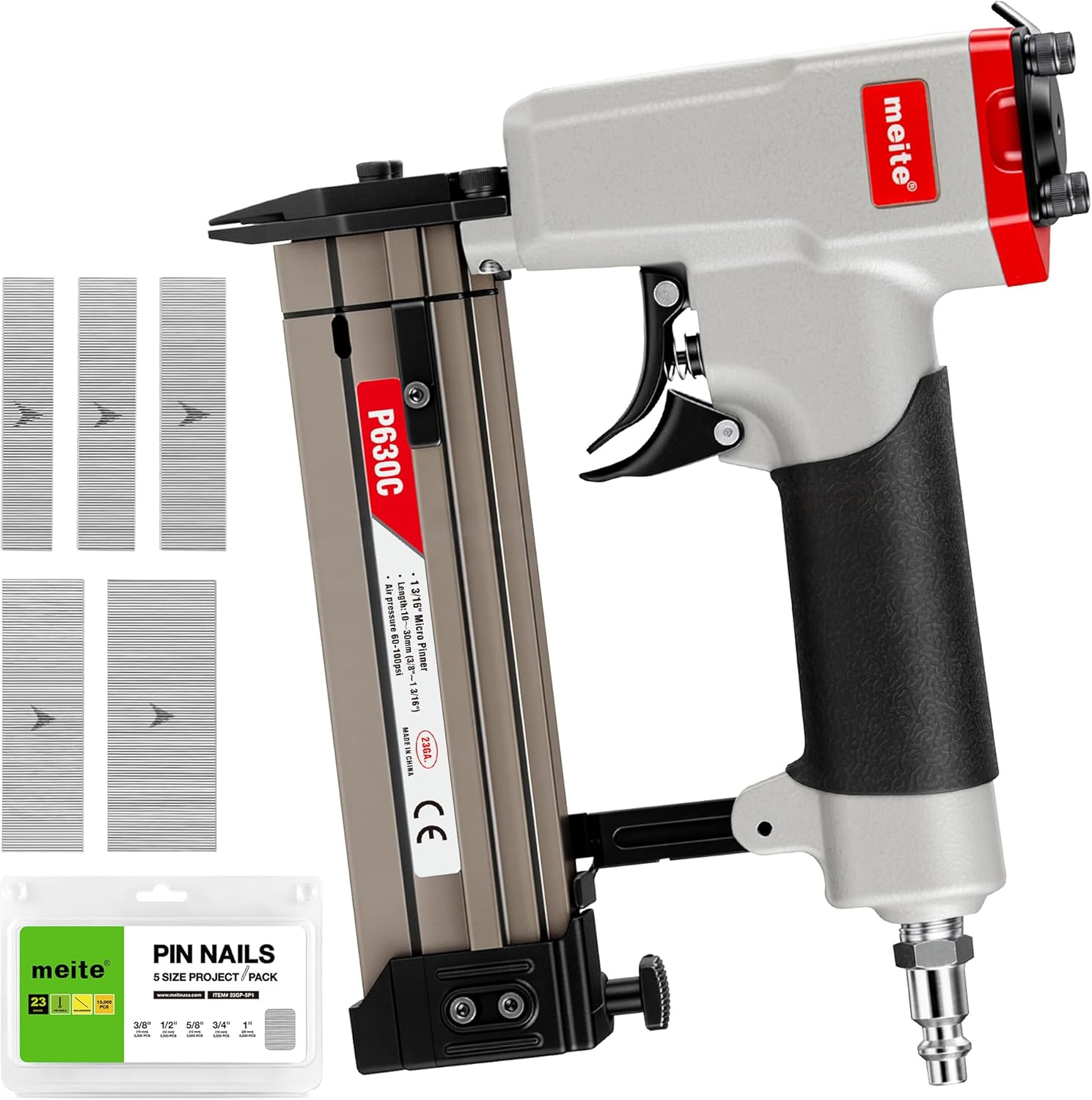 meite 23 Gauge Pin Nailer with 10,000 Counts Nails (3/8",1/2",5/8",3/4",1"), Pneumatic Pin Nailer Gun, Accept 3/8-Inch to 1-3/16-Inch 23Ga Pin Nails, Ideal for Cabinets, Crafts