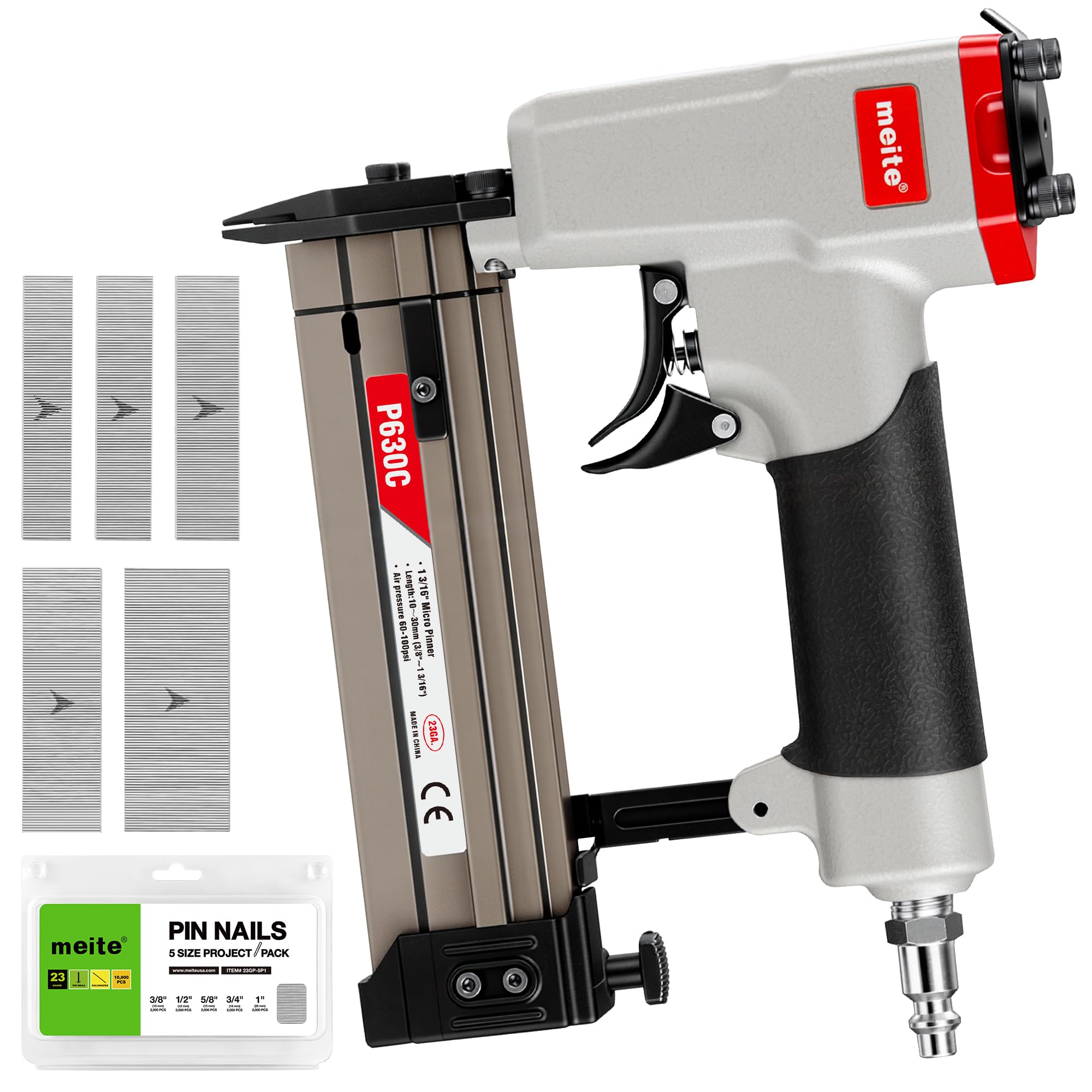 meite 23 Gauge Pin Nailer with 6000 Counts Nails (10 mm, 12 mm, 15 mm, 19 mm, 25 mm), Pneumatic Headless Pin Nail Gun, Accept 10 mm to 30 mm 23GA Pin Nails, Ideal for Cabinets, Crafts