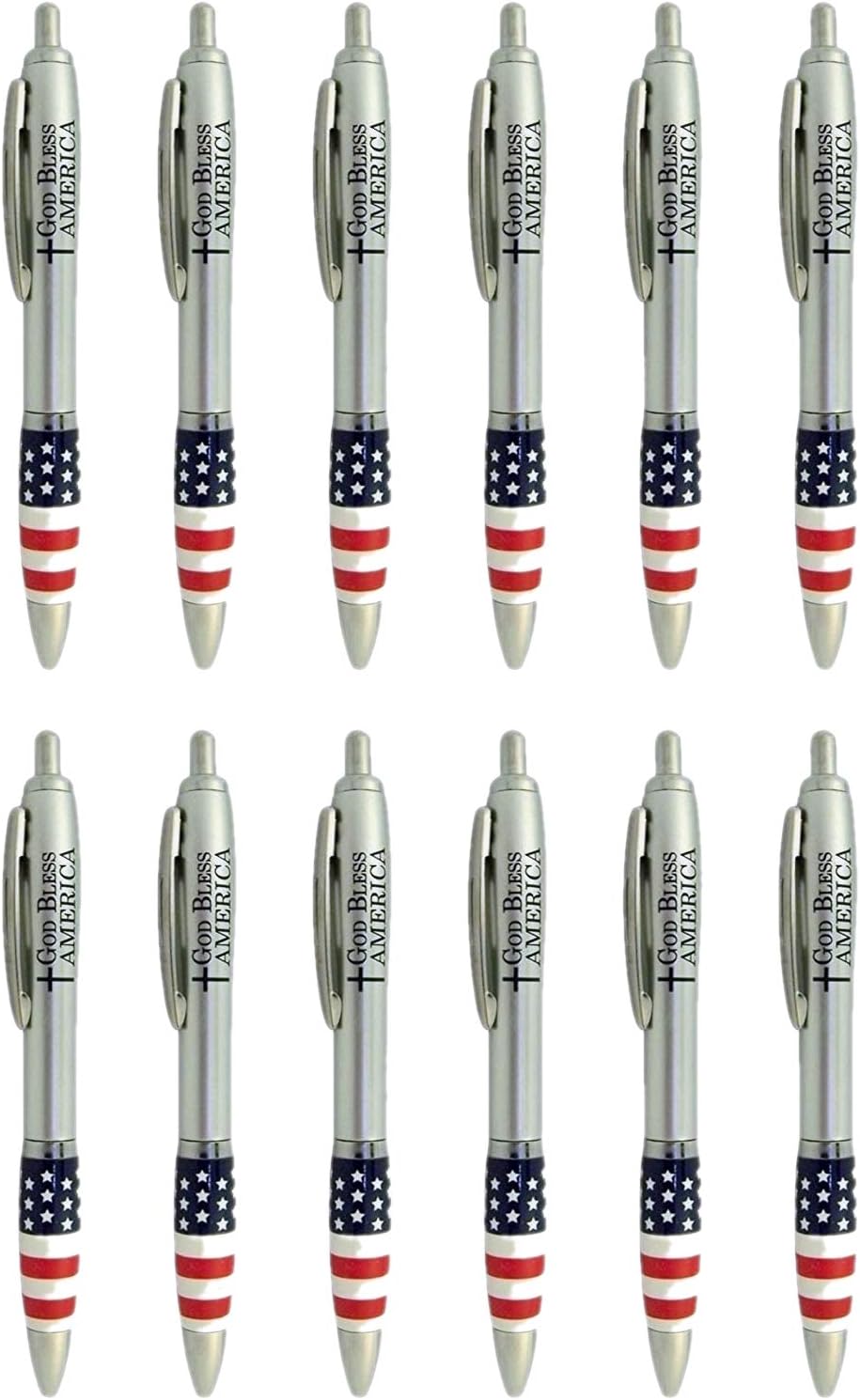 Religious Gifts Patriotic Pens, God Bless America American Flag Design, 5 1/2 Inch, Pack of 12