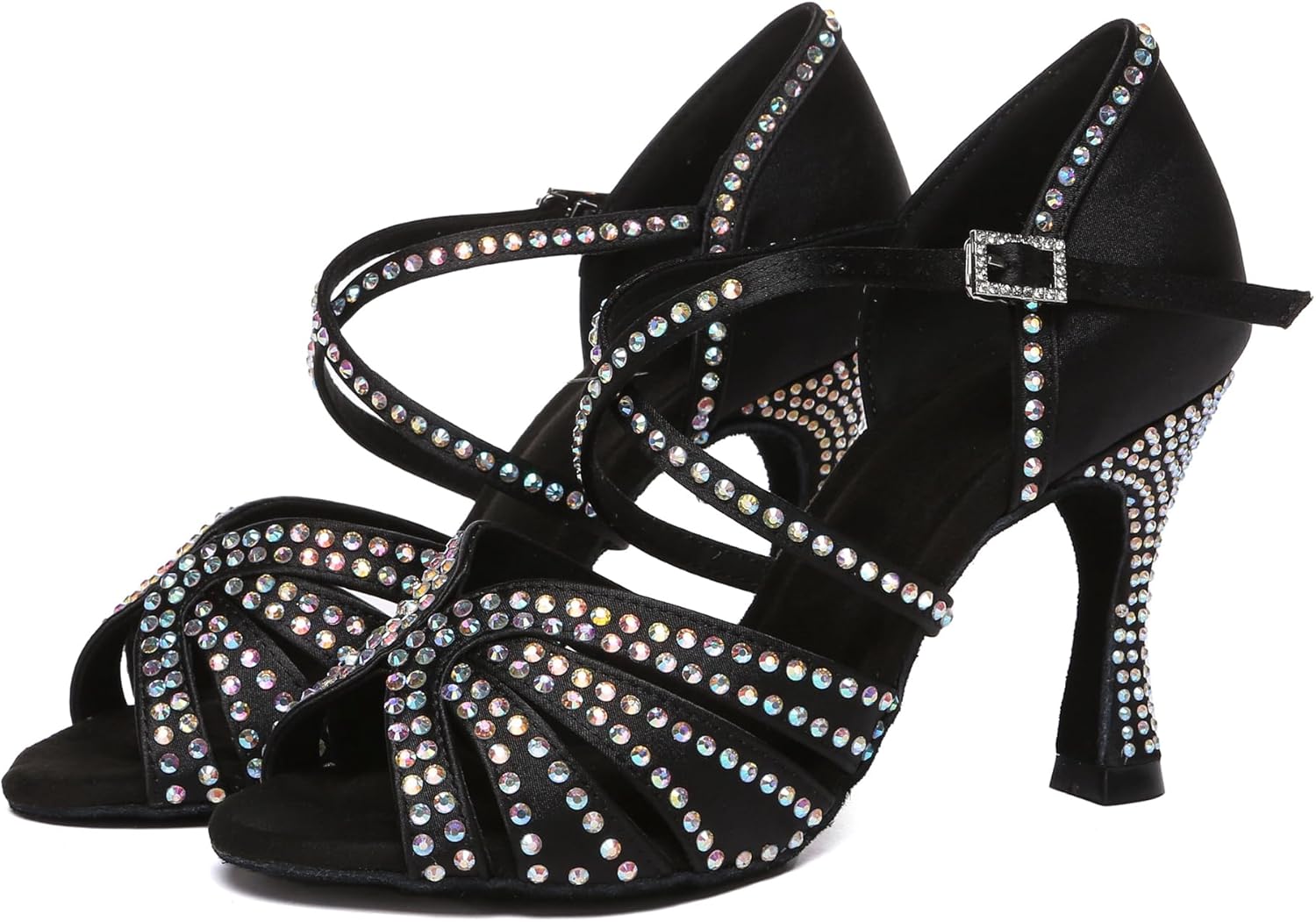 Womens Low High Heel Dance Shoes with Rhinestones Comfortable Wedding Evening Sandals Black 3.5" Heel US 8.5 - Image 5