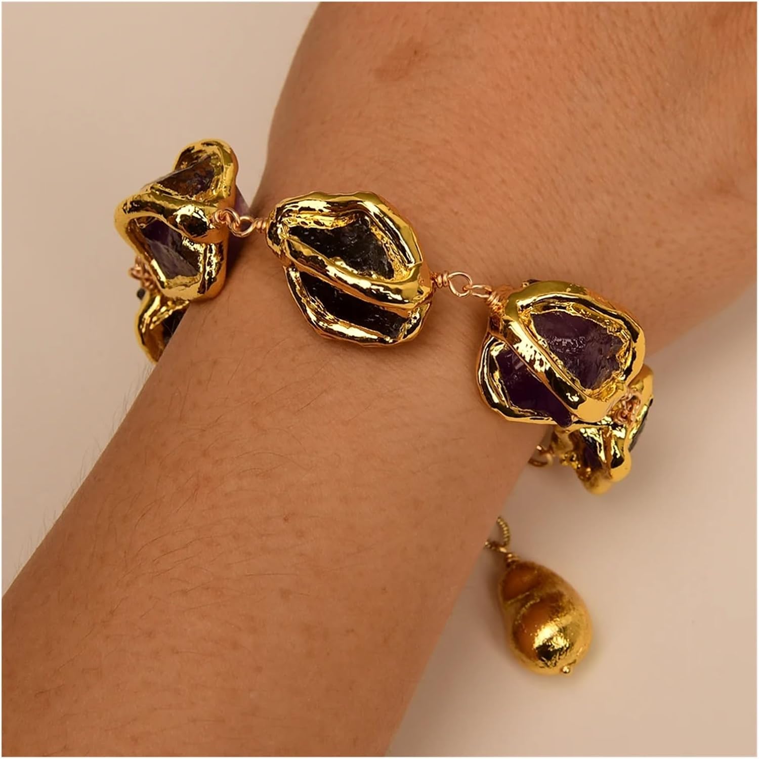 パープルアメジスト ラフナゲット 電気メッキエッジビーズブレスレット